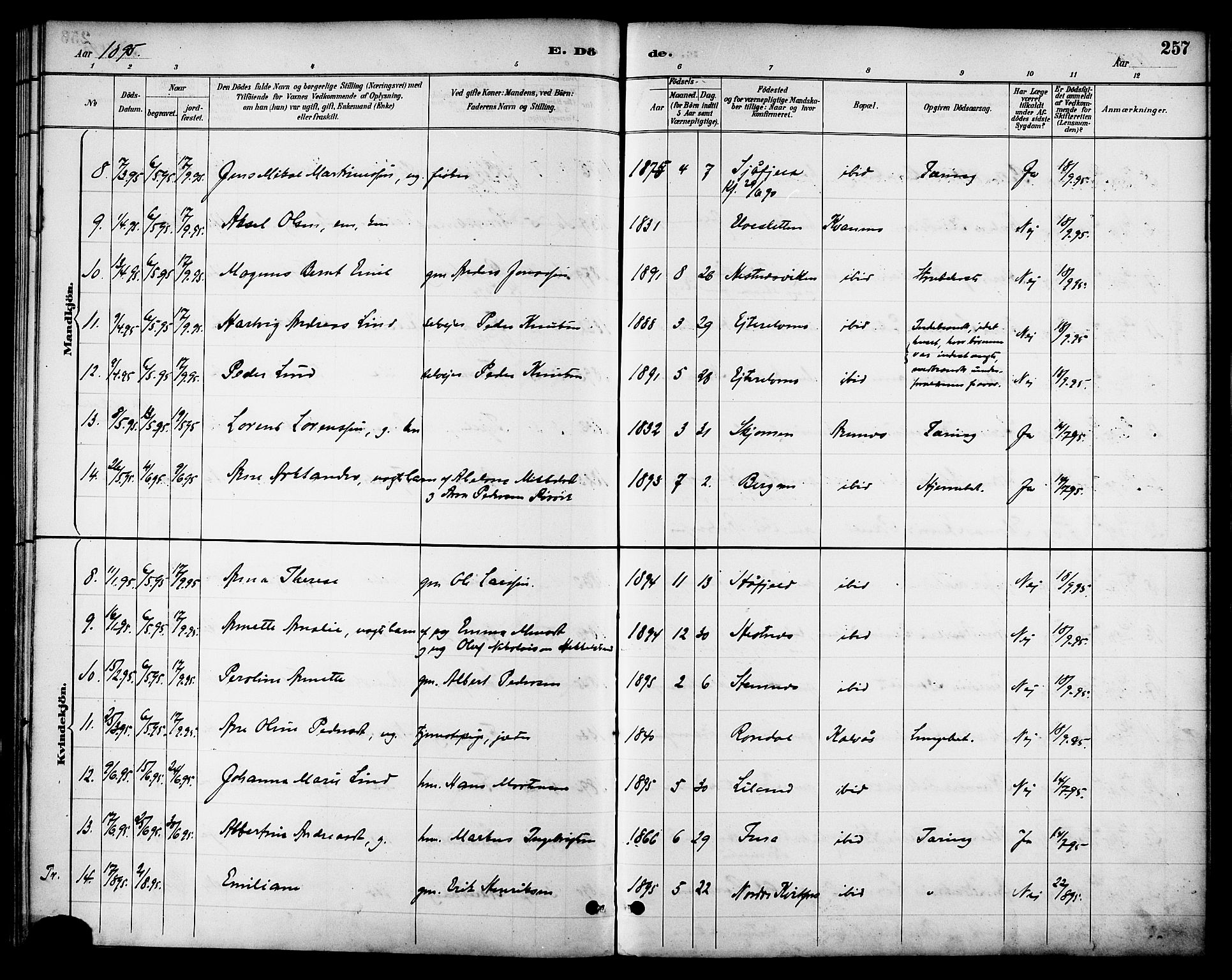 Ministerialprotokoller, klokkerbøker og fødselsregistre - Nordland, AV/SAT-A-1459/863/L0898: Parish register (official) no. 863A10, 1886-1897, p. 257