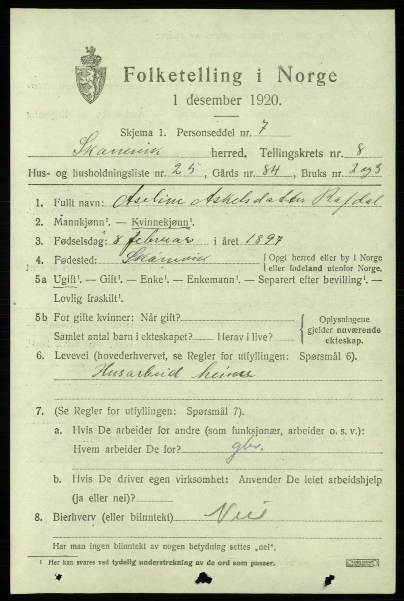 SAB, 1920 census for Skånevik, 1920, p. 4839