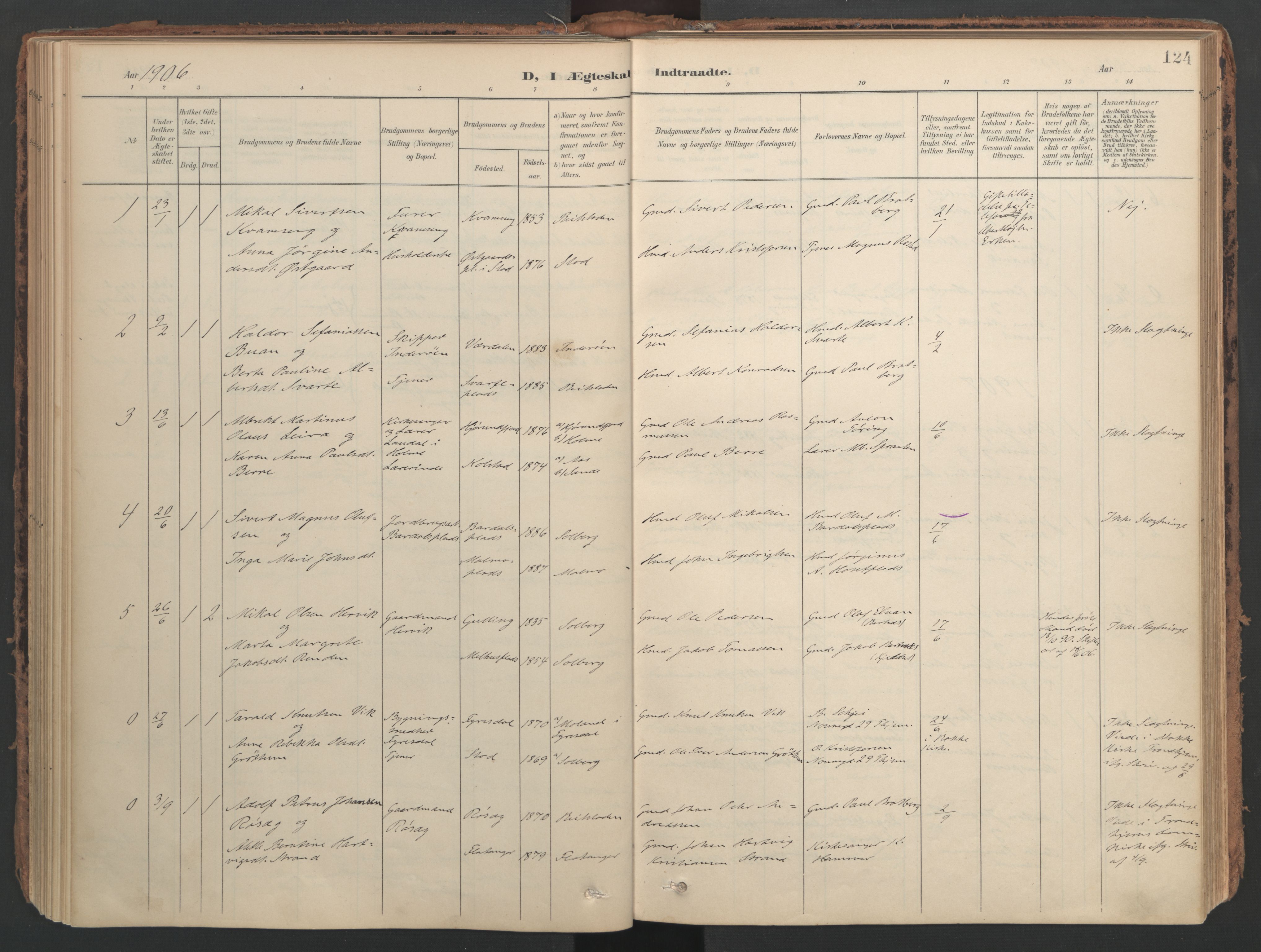 Ministerialprotokoller, klokkerbøker og fødselsregistre - Nord-Trøndelag, SAT/A-1458/741/L0397: Parish register (official) no. 741A11, 1901-1911, p. 124