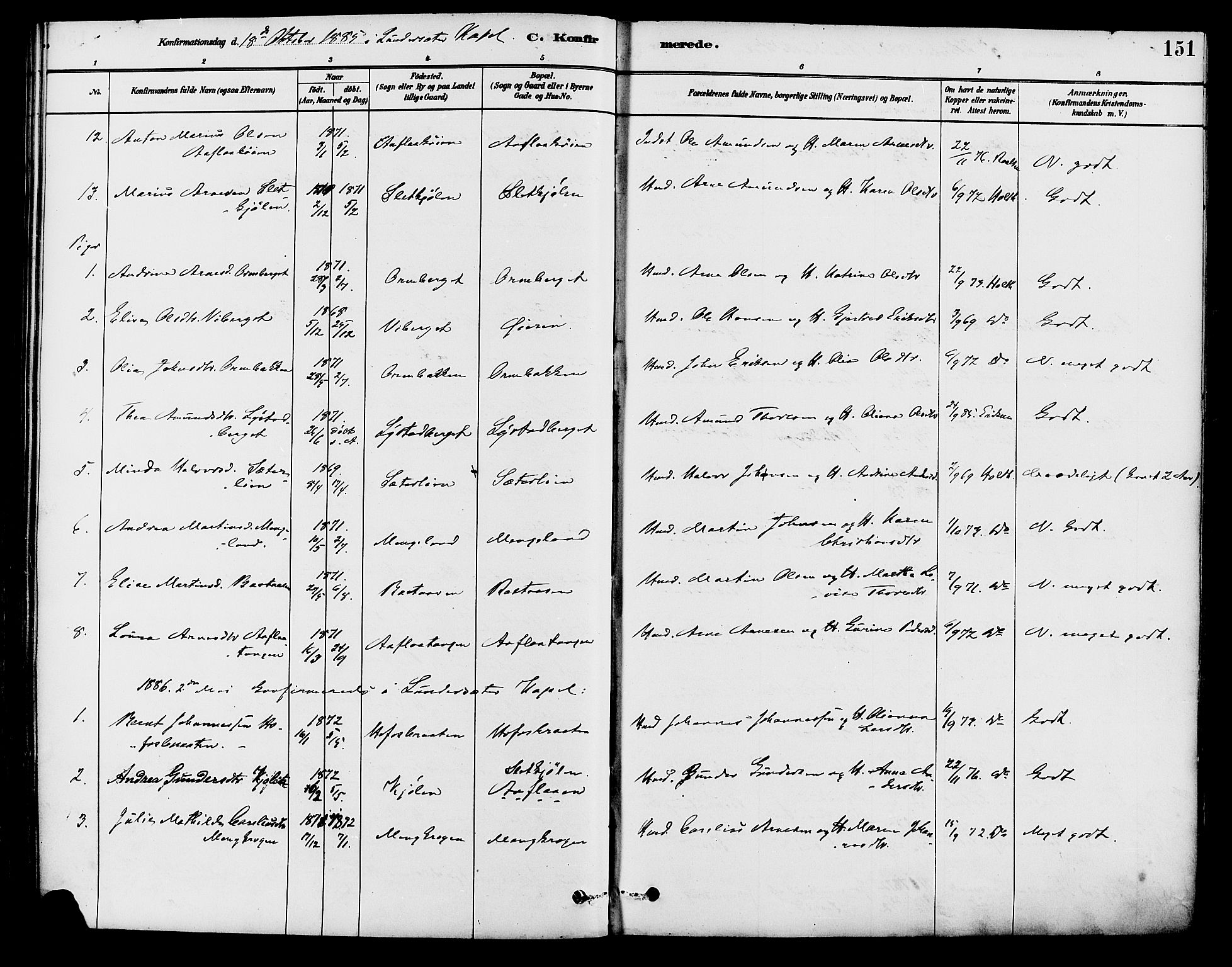 Brandval prestekontor, AV/SAH-PREST-034/H/Ha/Haa/L0002: Parish register (official) no. 2, 1880-1894, p. 151