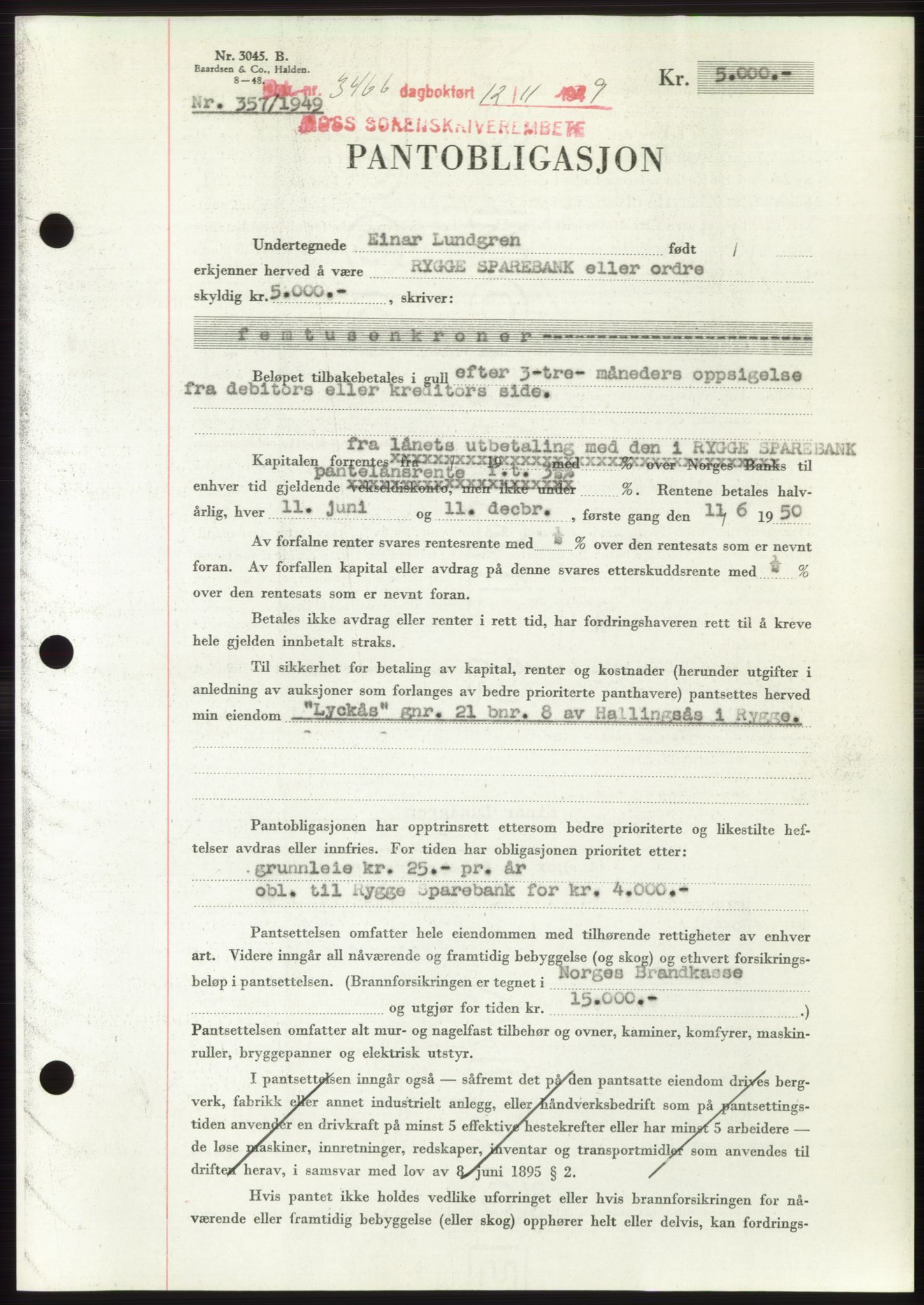 Moss sorenskriveri, SAO/A-10168: Mortgage book no. B23, 1949-1950, Diary no: : 3466/1949