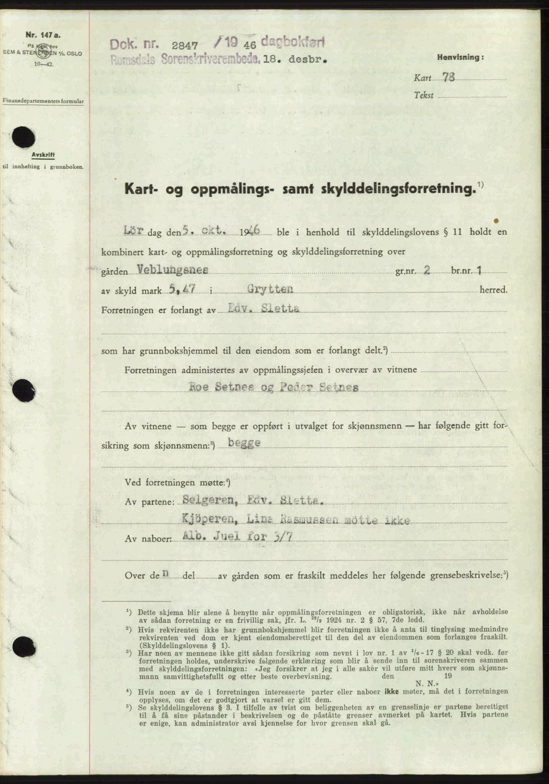 Romsdal sorenskriveri, AV/SAT-A-4149/1/2/2C: Mortgage book no. A21, 1946-1946, Diary no: : 2847/1946