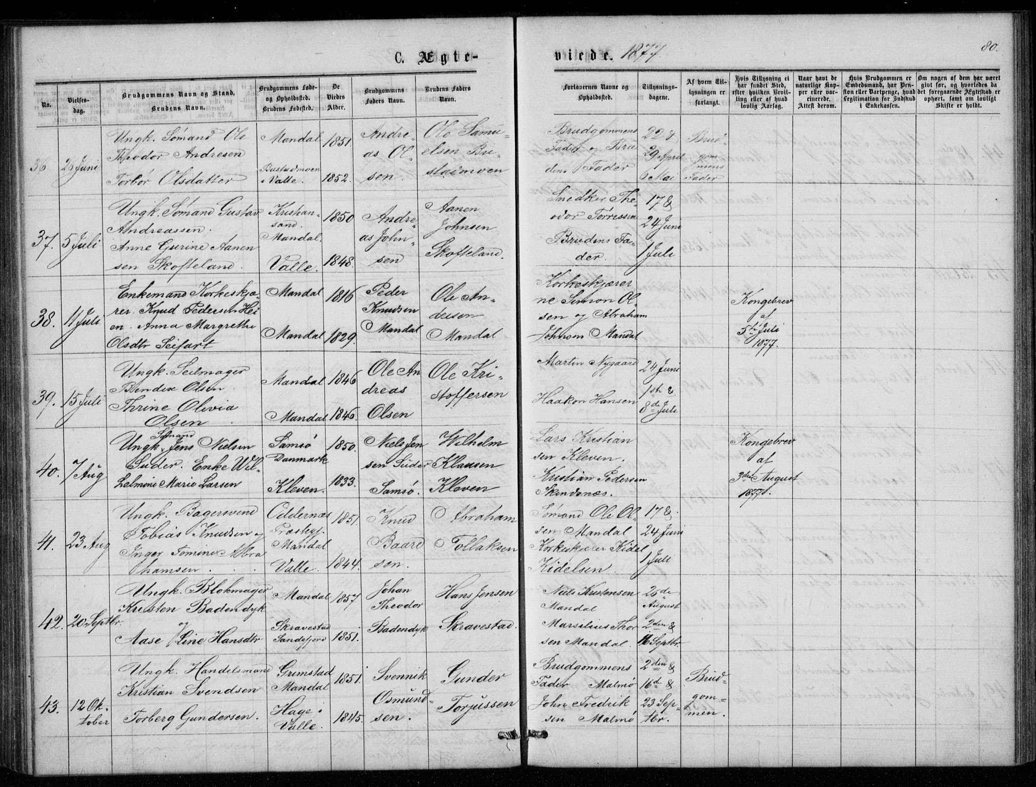 Mandal sokneprestkontor, AV/SAK-1111-0030/F/Fb/Fba/L0010: Parish register (copy) no. B 4, 1876-1880, p. 80