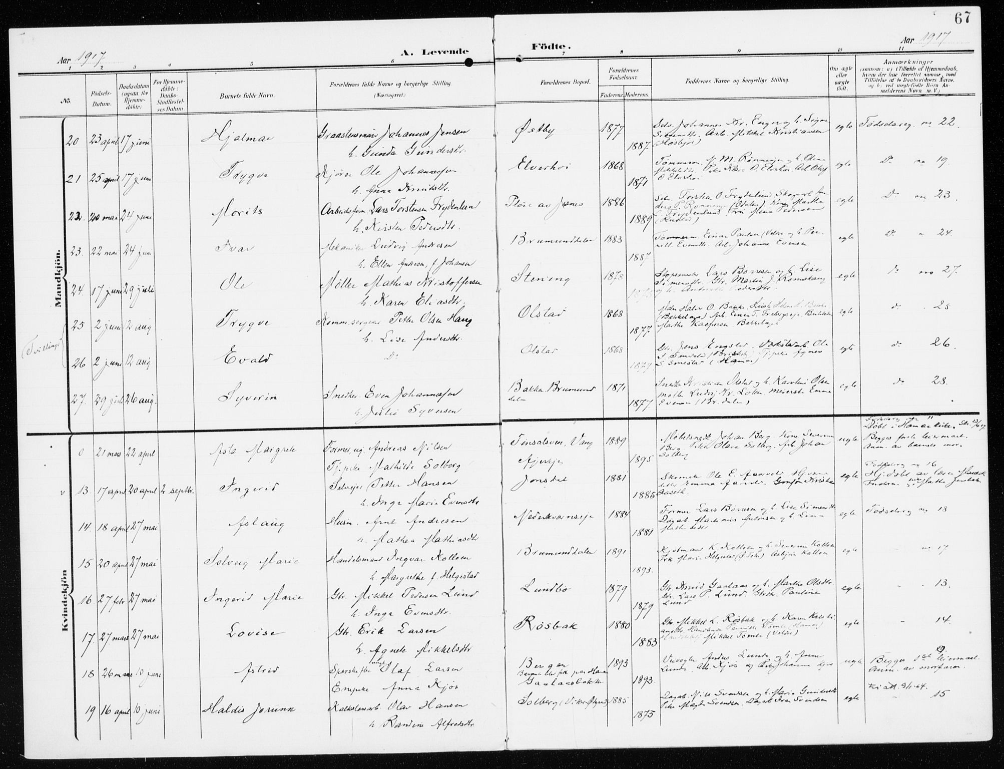 Furnes prestekontor, AV/SAH-PREST-012/K/Ka/L0001: Parish register (official) no. 1, 1907-1935, p. 67