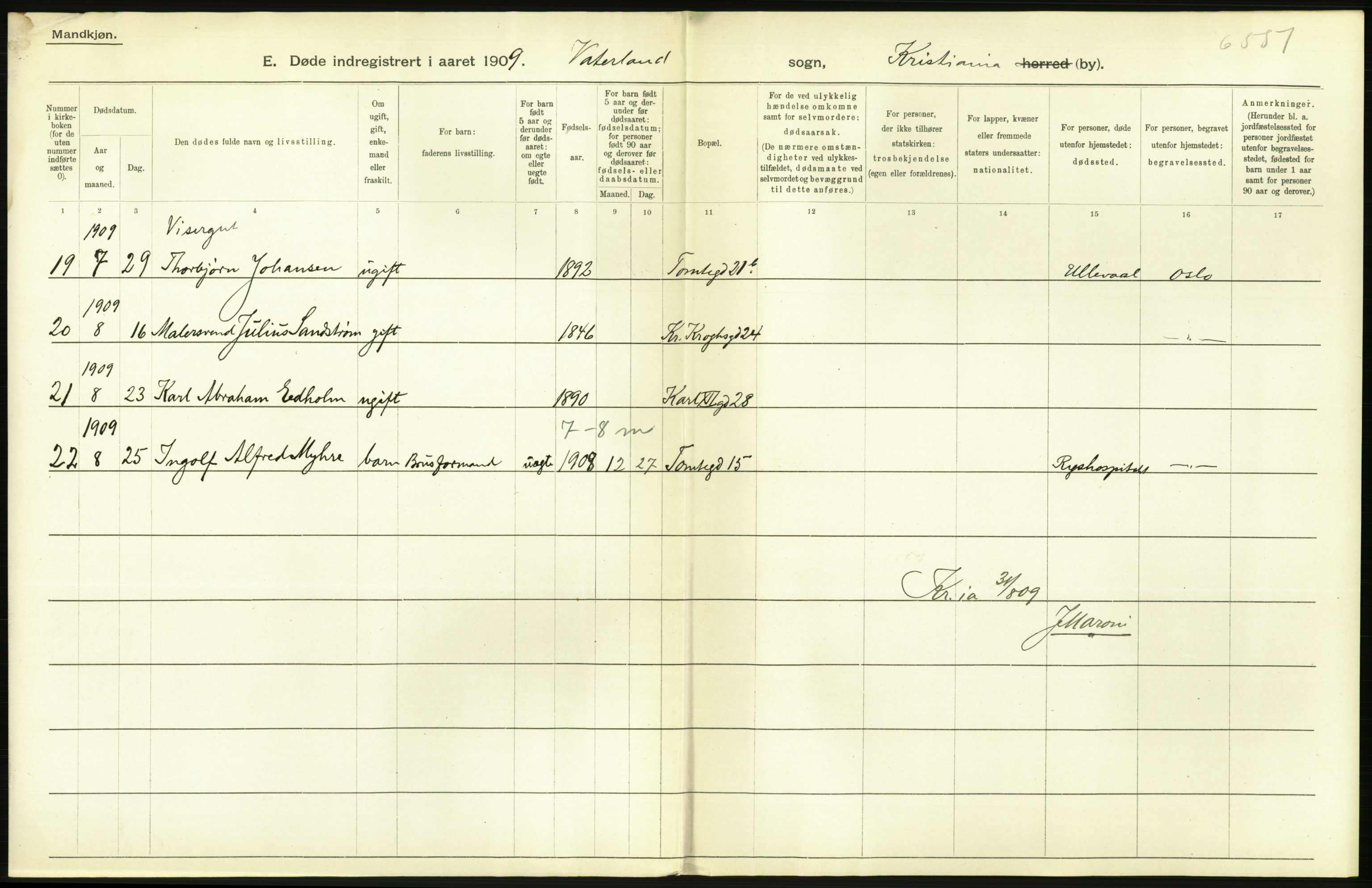 Statistisk sentralbyrå, Sosiodemografiske emner, Befolkning, RA/S-2228/D/Df/Dfa/Dfag/L0010: Kristiania: Døde, dødfødte., 1909, p. 400