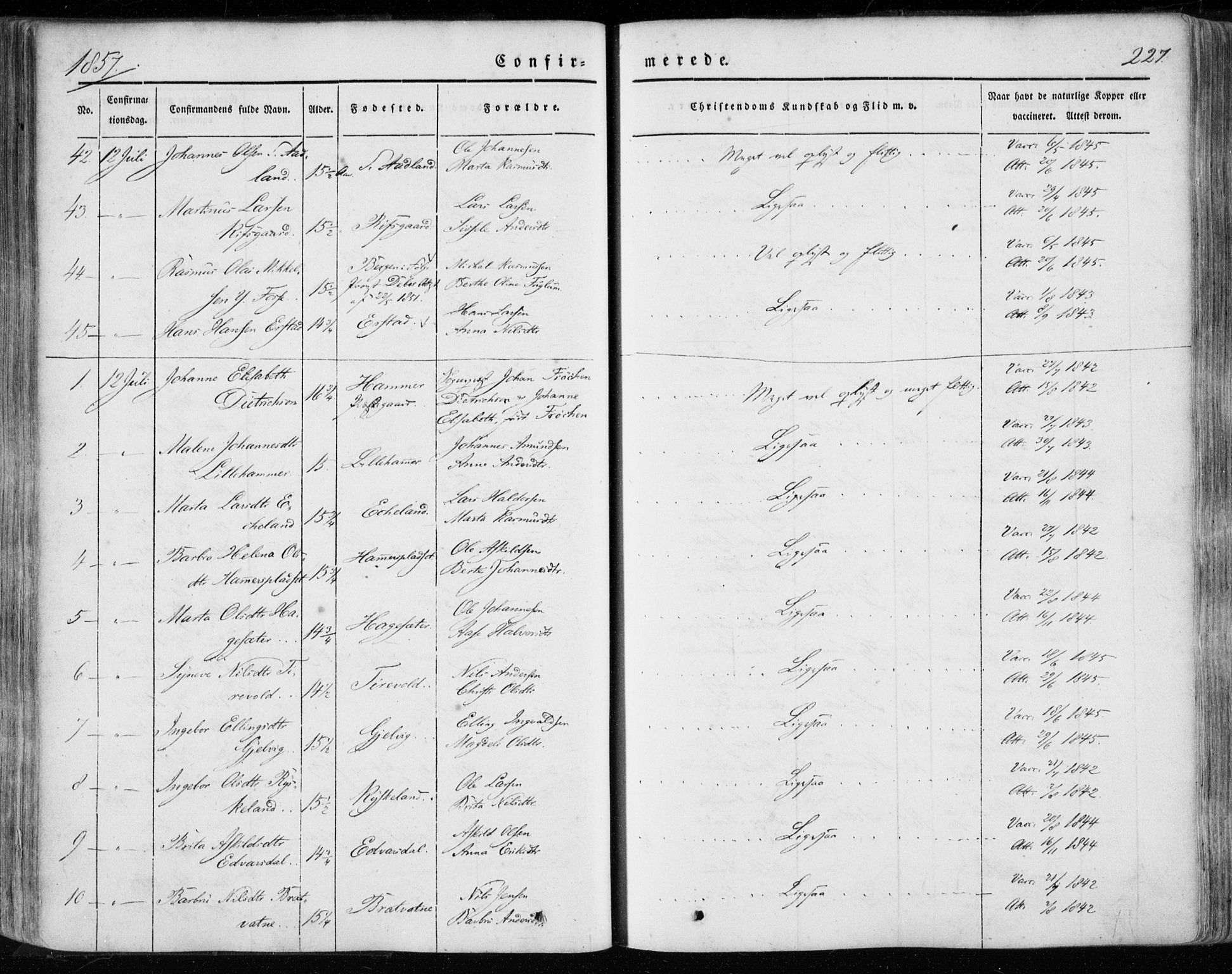 Hamre sokneprestembete, AV/SAB-A-75501/H/Ha/Haa/Haaa/L0013: Parish register (official) no. A 13, 1846-1857, p. 227