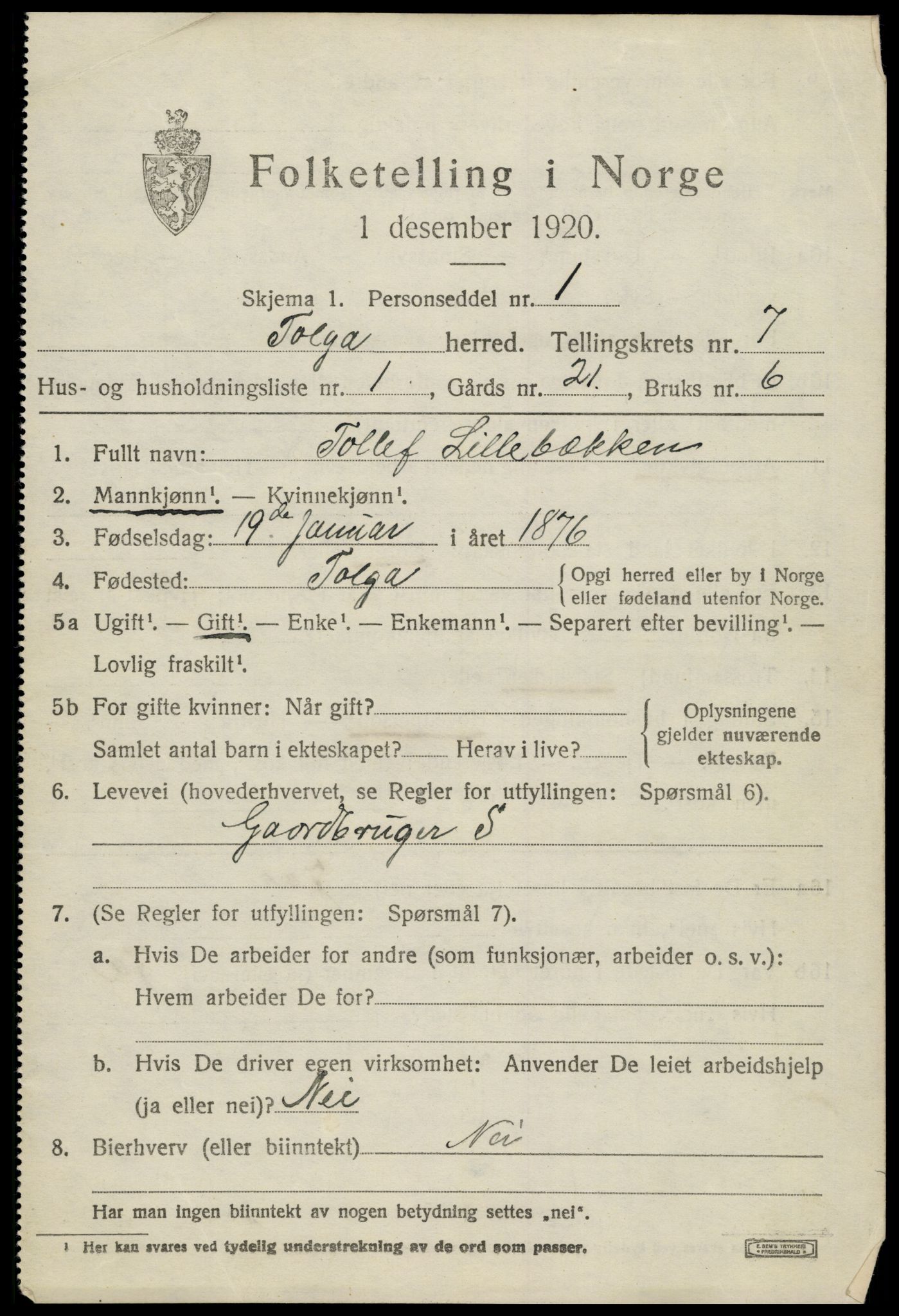 SAH, 1920 census for Tolga, 1920, p. 3915
