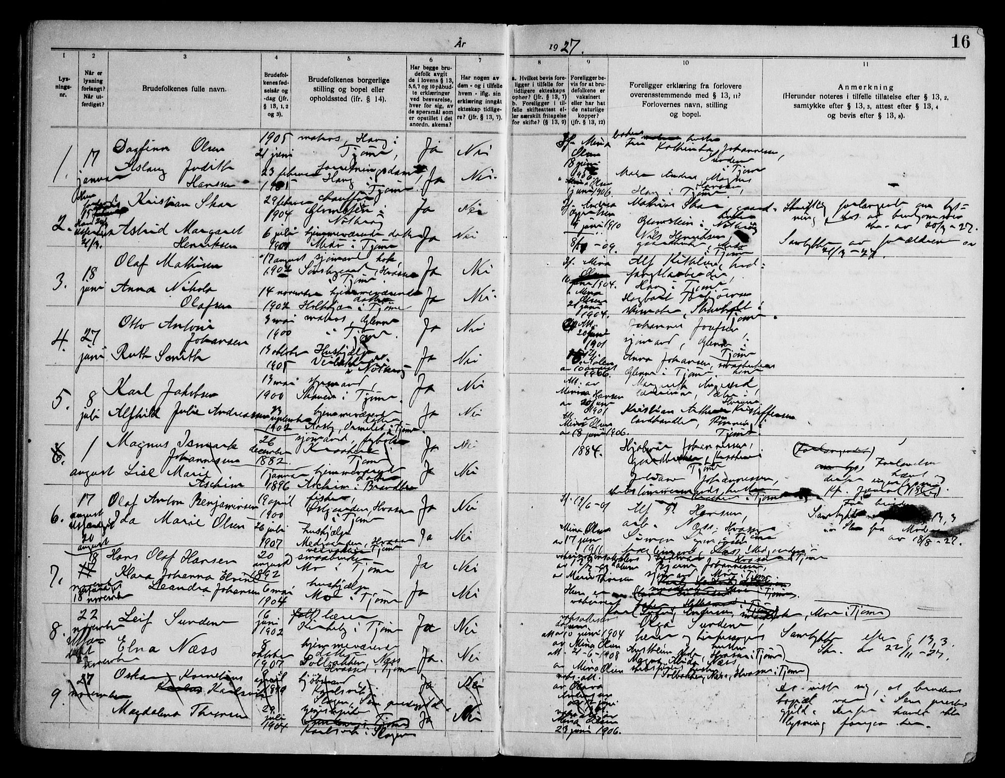 Tjøme kirkebøker, AV/SAKO-A-328/H/Ha/L0002: Banns register no. I 2, 1919-1962, p. 16
