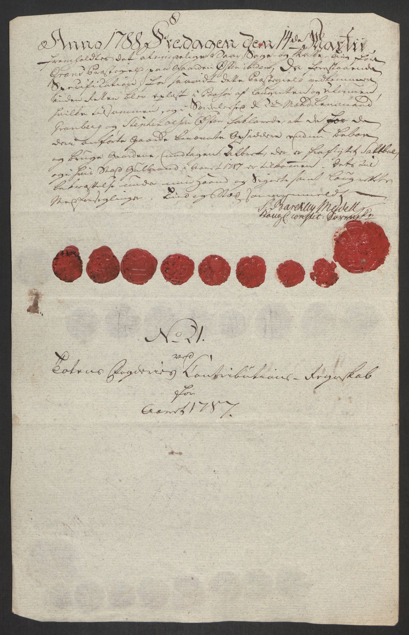 Rentekammeret inntil 1814, Reviderte regnskaper, Fogderegnskap, AV/RA-EA-4092/R19/L1374: Fogderegnskap Toten, Hadeland og Vardal, 1787, p. 95