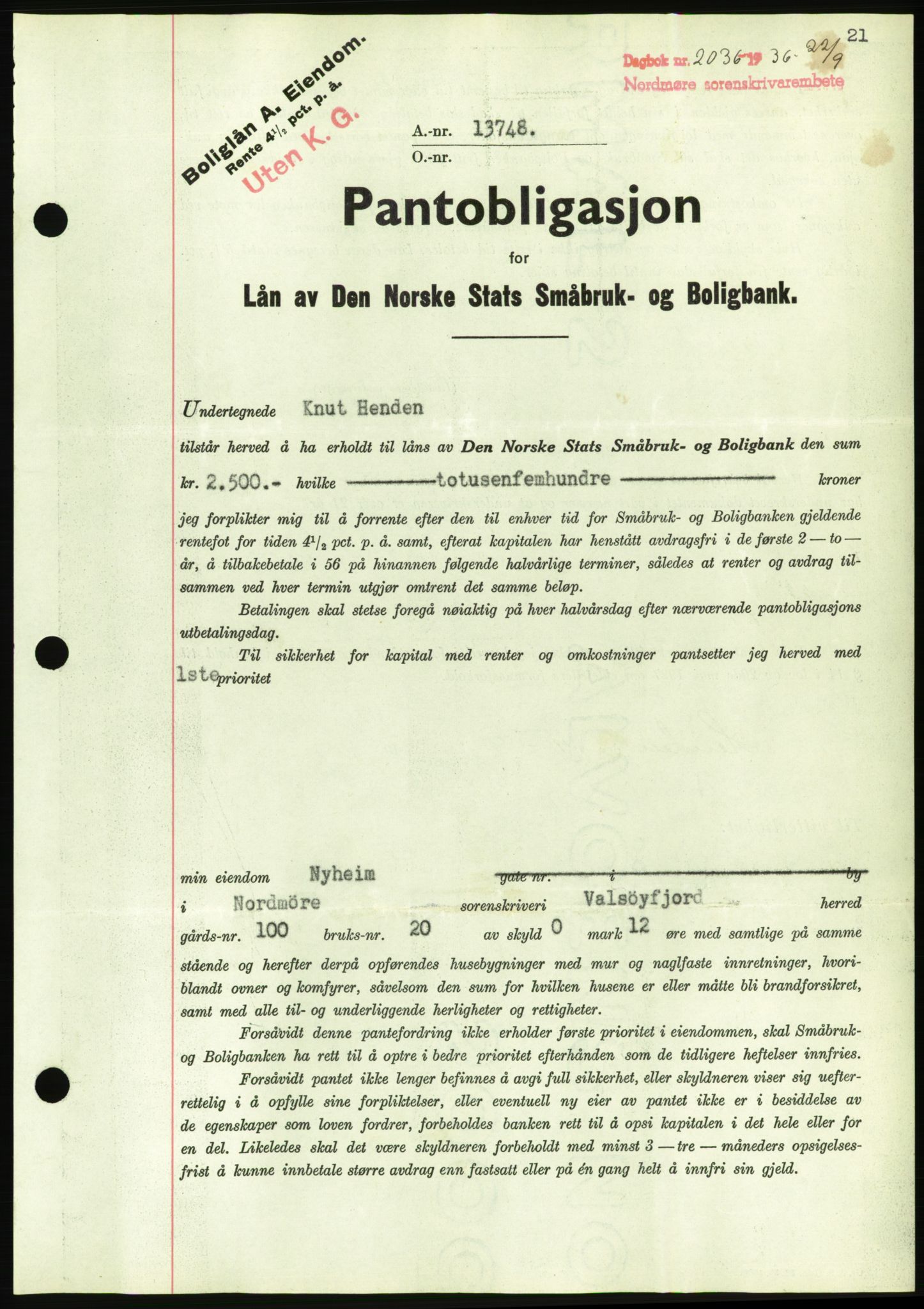 Nordmøre sorenskriveri, AV/SAT-A-4132/1/2/2Ca/L0090: Mortgage book no. B80, 1936-1937, Diary no: : 2036/1936