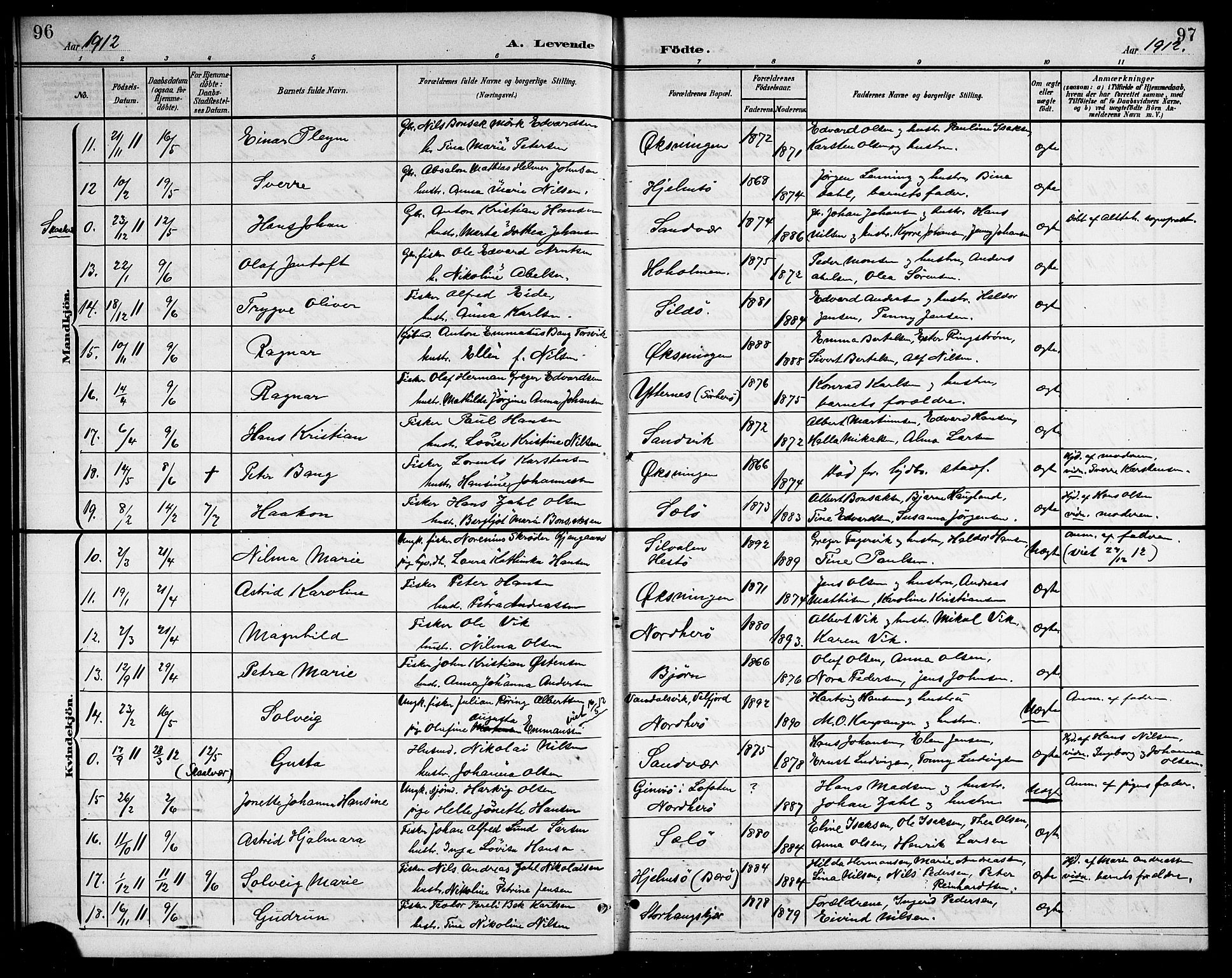 Ministerialprotokoller, klokkerbøker og fødselsregistre - Nordland, SAT/A-1459/834/L0516: Parish register (copy) no. 834C06, 1902-1918, p. 96-97