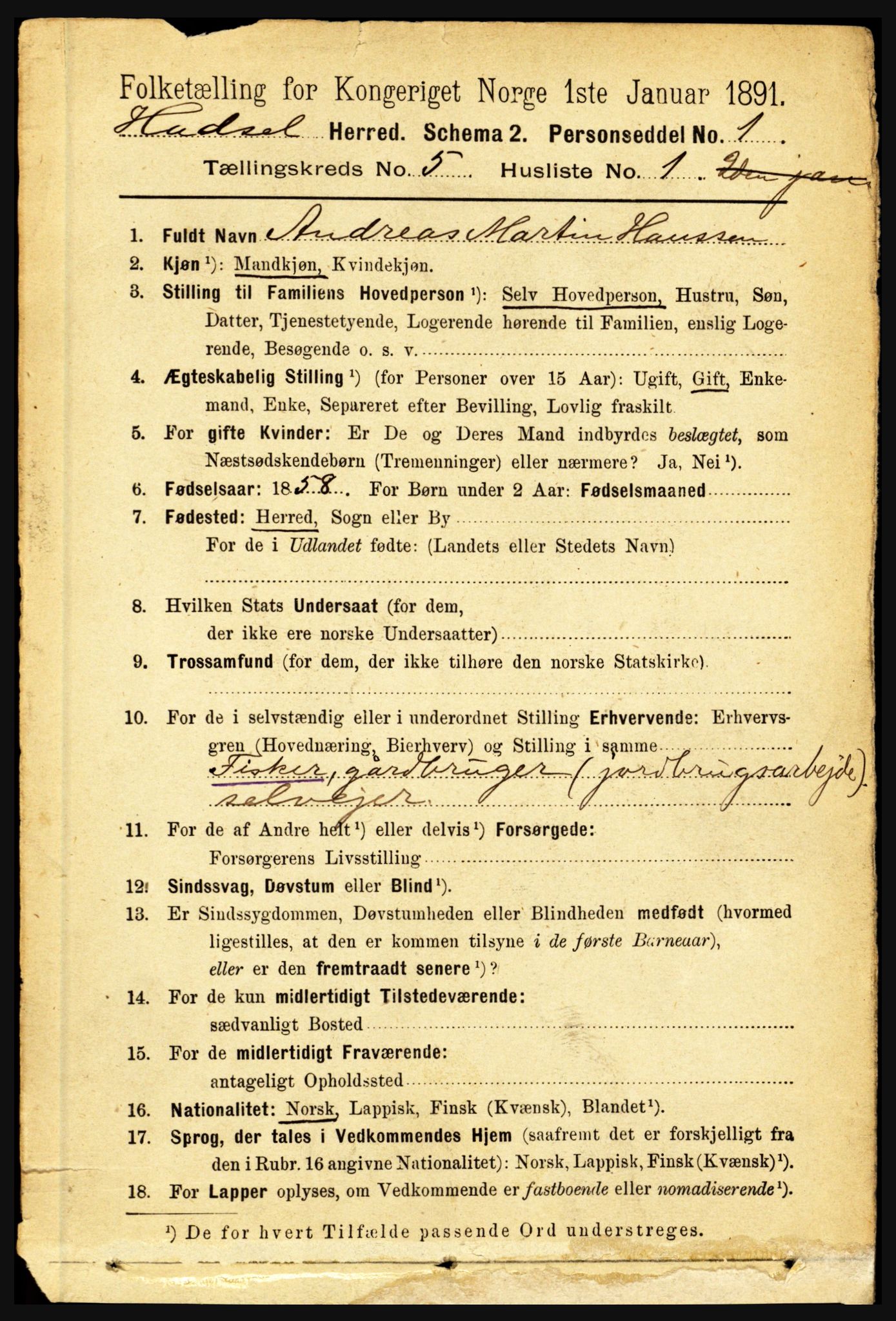 RA, 1891 census for 1866 Hadsel, 1891, p. 2124