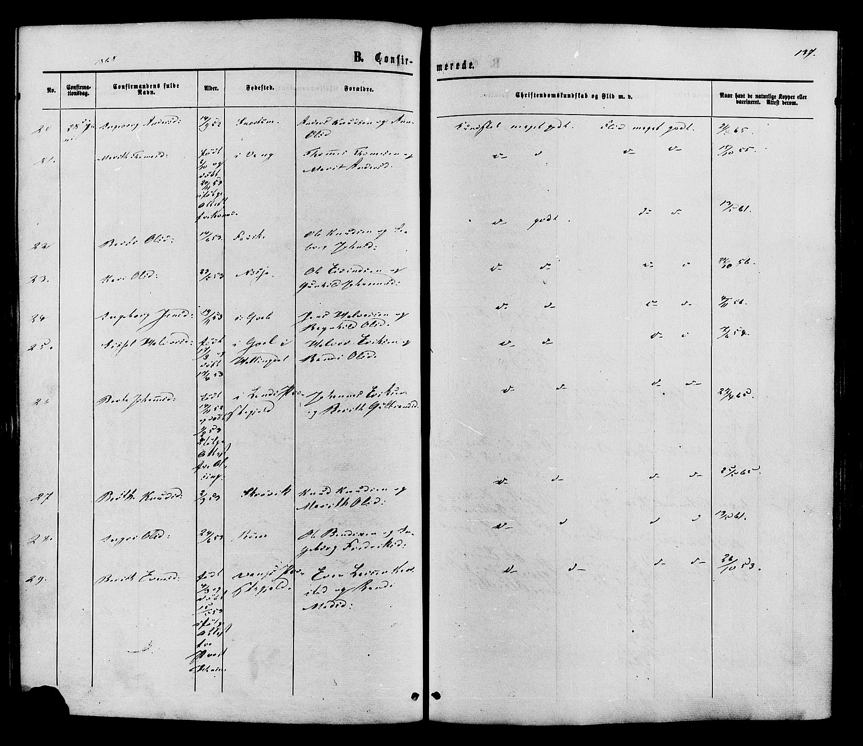 Vestre Slidre prestekontor, SAH/PREST-136/H/Ha/Haa/L0003: Parish register (official) no. 3, 1865-1880, p. 137