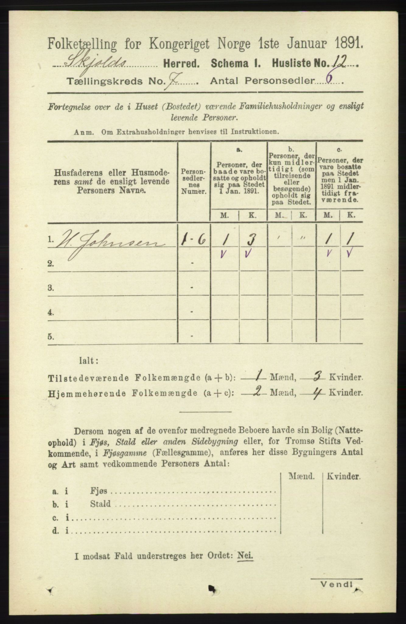 RA, 1891 census for 1154 Skjold, 1891, p. 1315