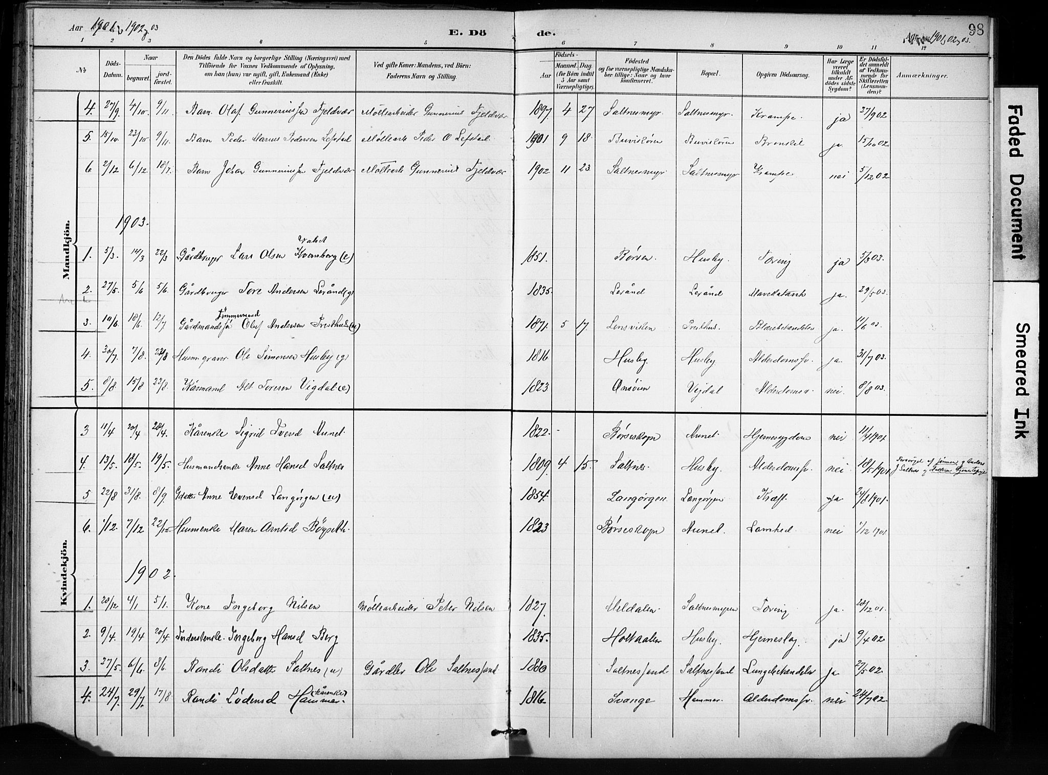 Ministerialprotokoller, klokkerbøker og fødselsregistre - Sør-Trøndelag, AV/SAT-A-1456/666/L0787: Parish register (official) no. 666A05, 1895-1908, p. 98