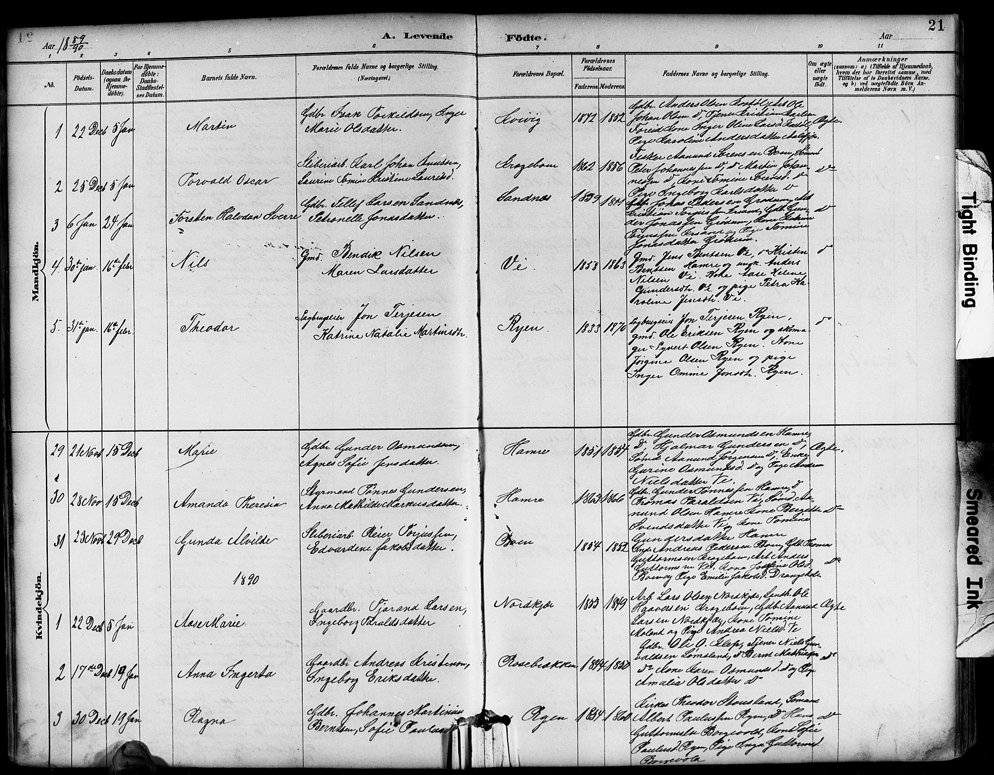 Tveit sokneprestkontor, SAK/1111-0043/F/Fb/L0004: Parish register (copy) no. B 4, 1887-1914, p. 21