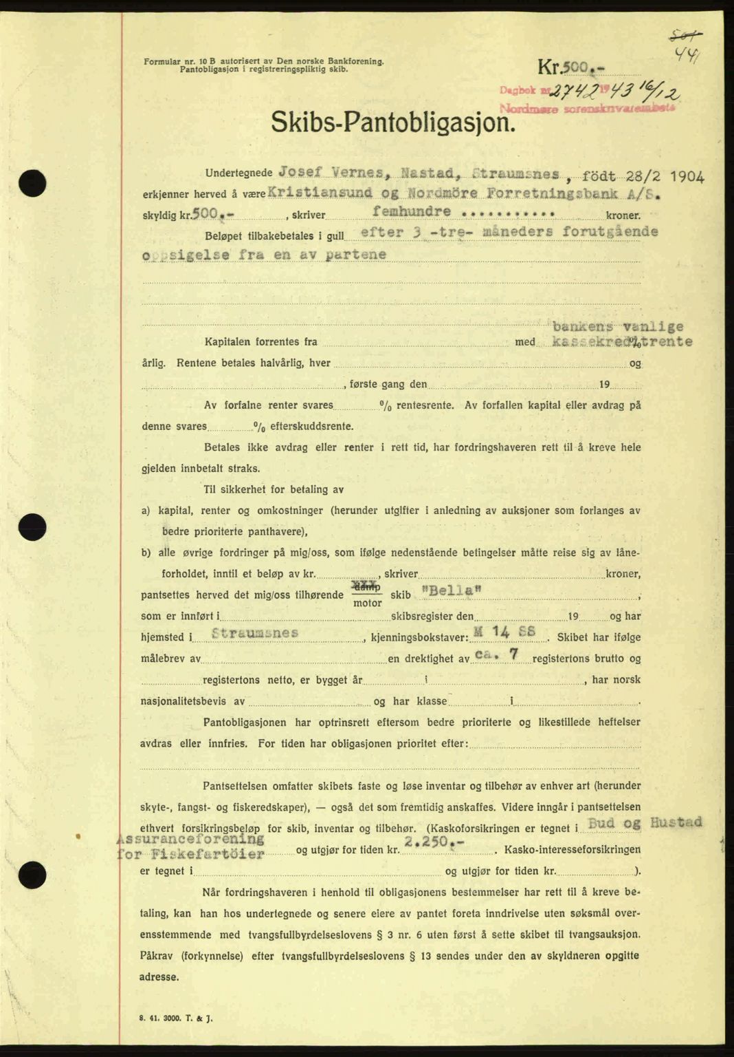 Nordmøre sorenskriveri, AV/SAT-A-4132/1/2/2Ca: Mortgage book no. B91, 1943-1944, Diary no: : 2742/1943