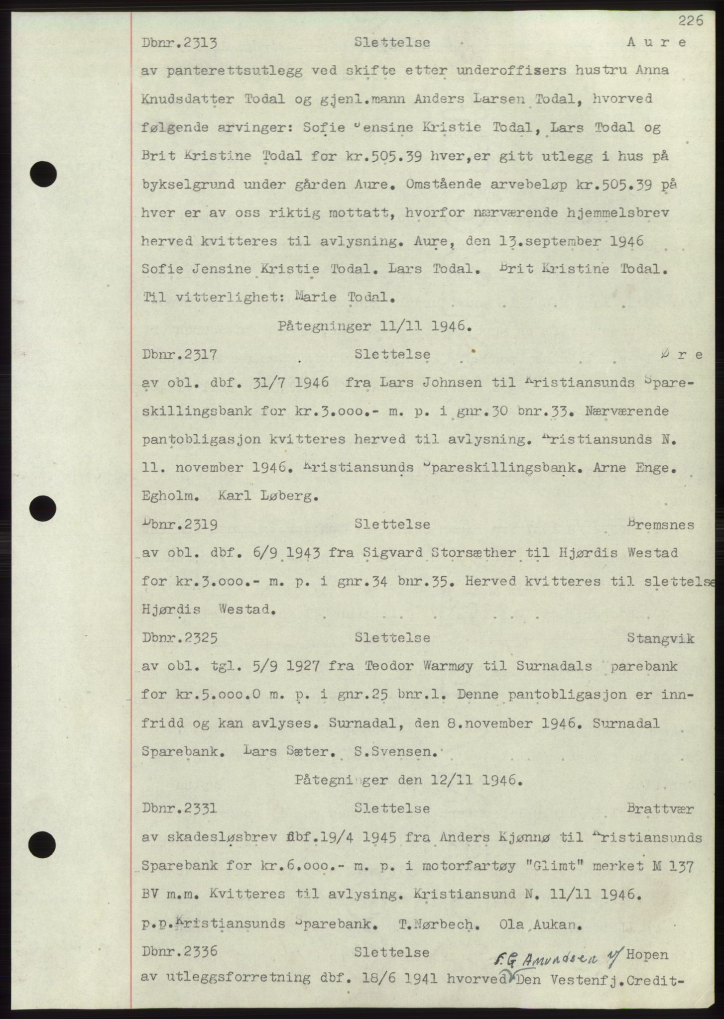 Nordmøre sorenskriveri, SAT/A-4132/1/2/2Ca: Mortgage book no. C82b, 1946-1951, Diary no: : 2313/1946