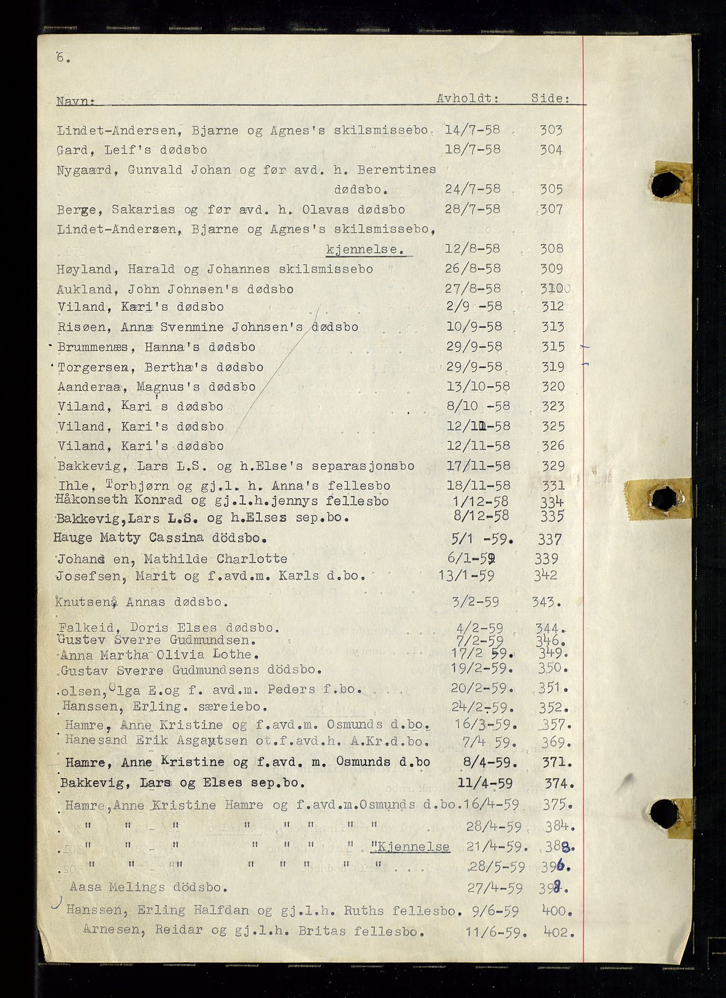 Haugesund tingrett, AV/SAST-A-101415/01/IV/IVC/L0009: Skifteforhandlingsprotokoll, med register, 1953-1965, p. 6