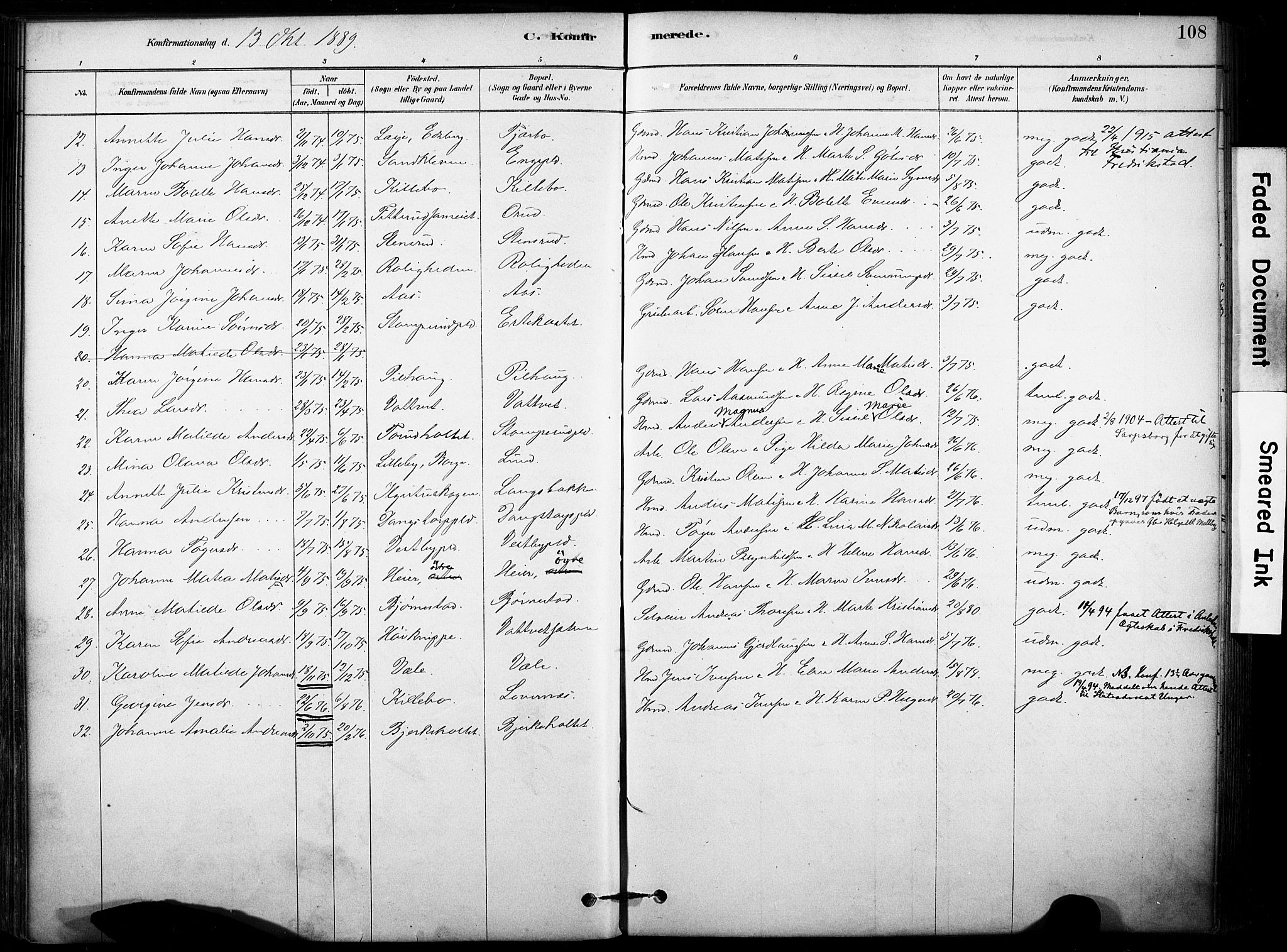 Rakkestad prestekontor Kirkebøker, AV/SAO-A-2008/F/Fb/L0001: Parish register (official) no. II 1, 1878-1899, p. 108