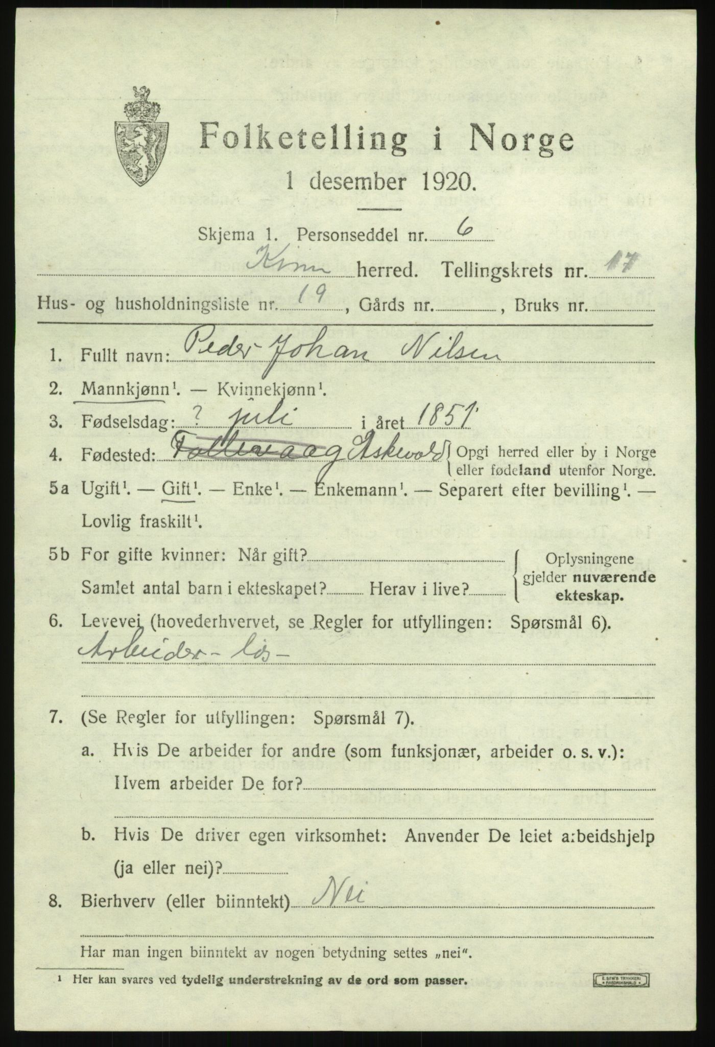 SAB, 1920 census for Kinn, 1920, p. 6309