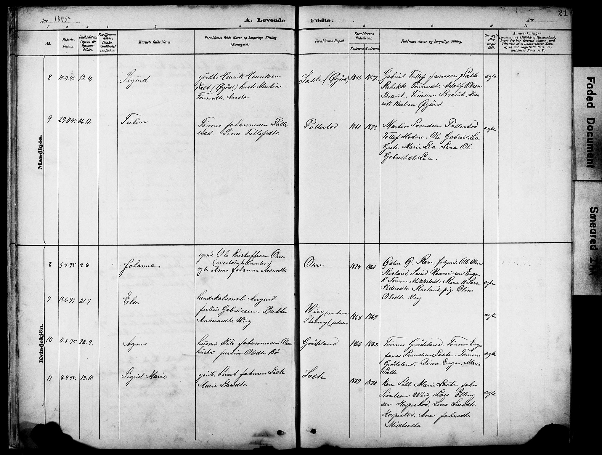 Klepp sokneprestkontor, AV/SAST-A-101803/001/3/30BB/L0005: Parish register (copy) no. B 5, 1889-1918, p. 21