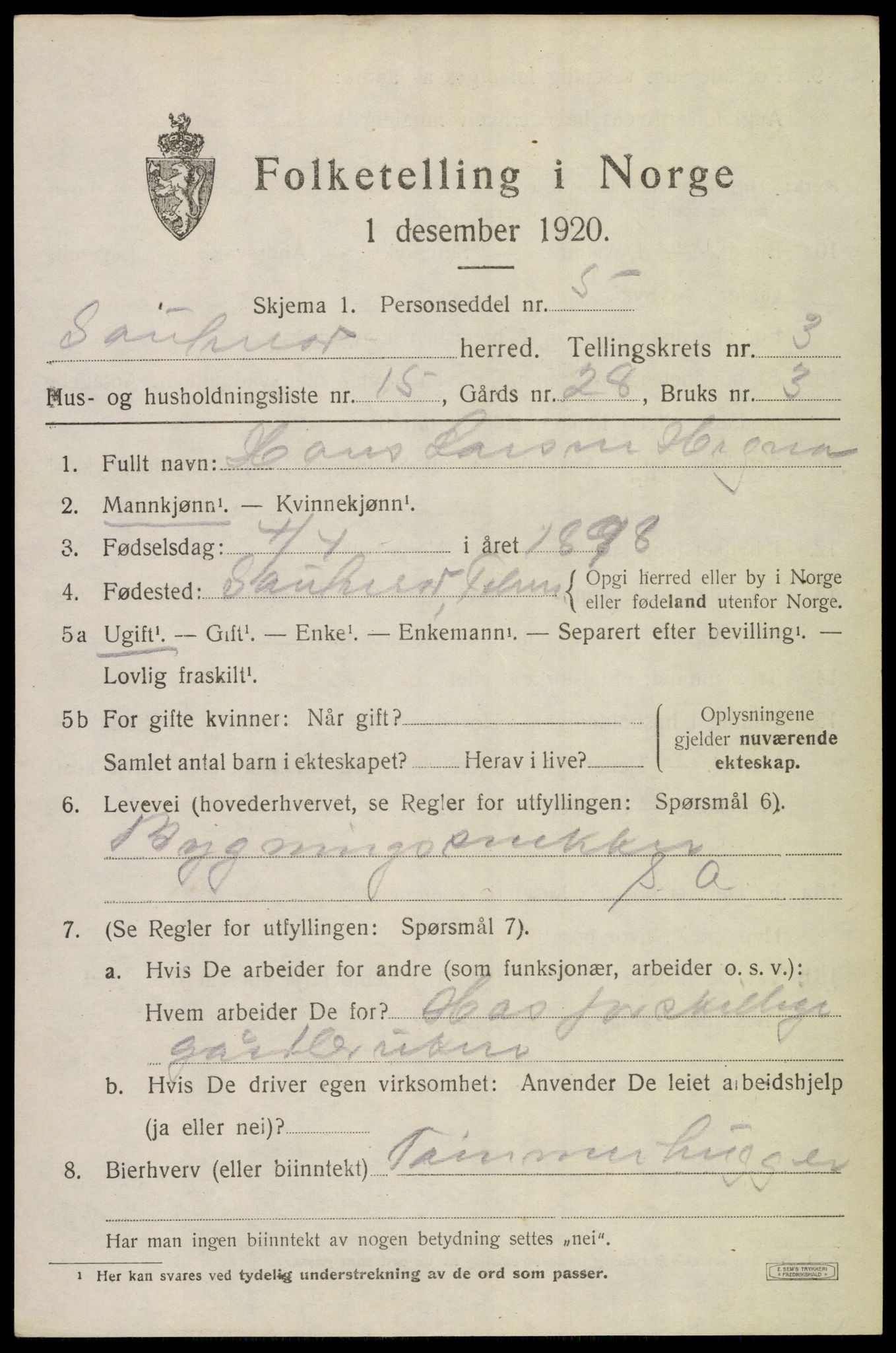 SAKO, 1920 census for Sauherad, 1920, p. 3009