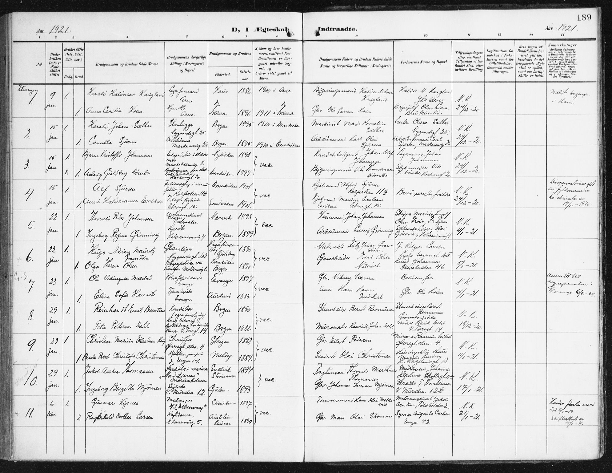 Domkirken sokneprestembete, SAB/A-74801/H/Haa/L0038: Parish register (official) no. D 5, 1906-1921, p. 189