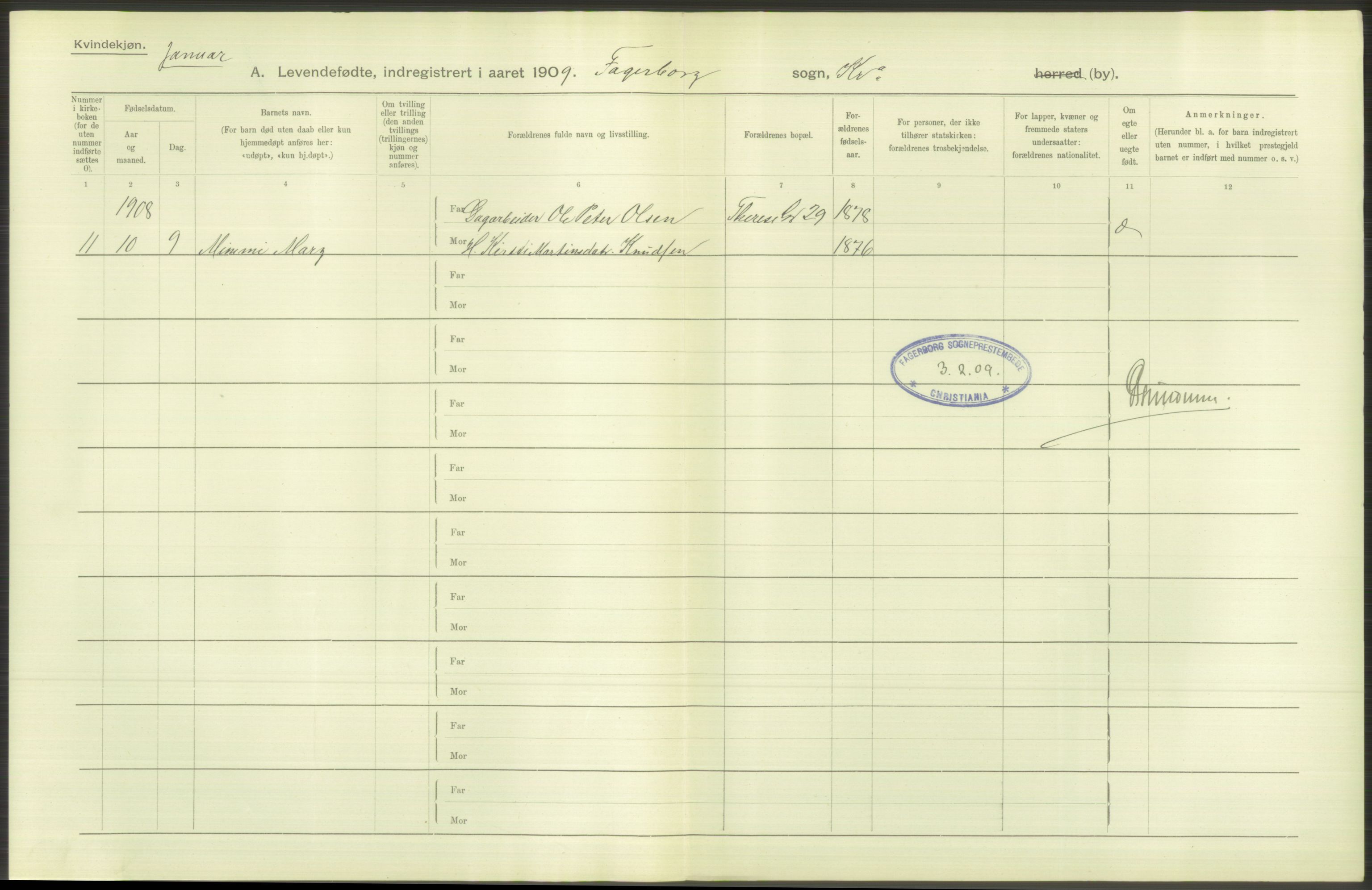 Statistisk sentralbyrå, Sosiodemografiske emner, Befolkning, AV/RA-S-2228/D/Df/Dfa/Dfag/L0007: Kristiania: Levendefødte menn og kvinner., 1909, p. 428