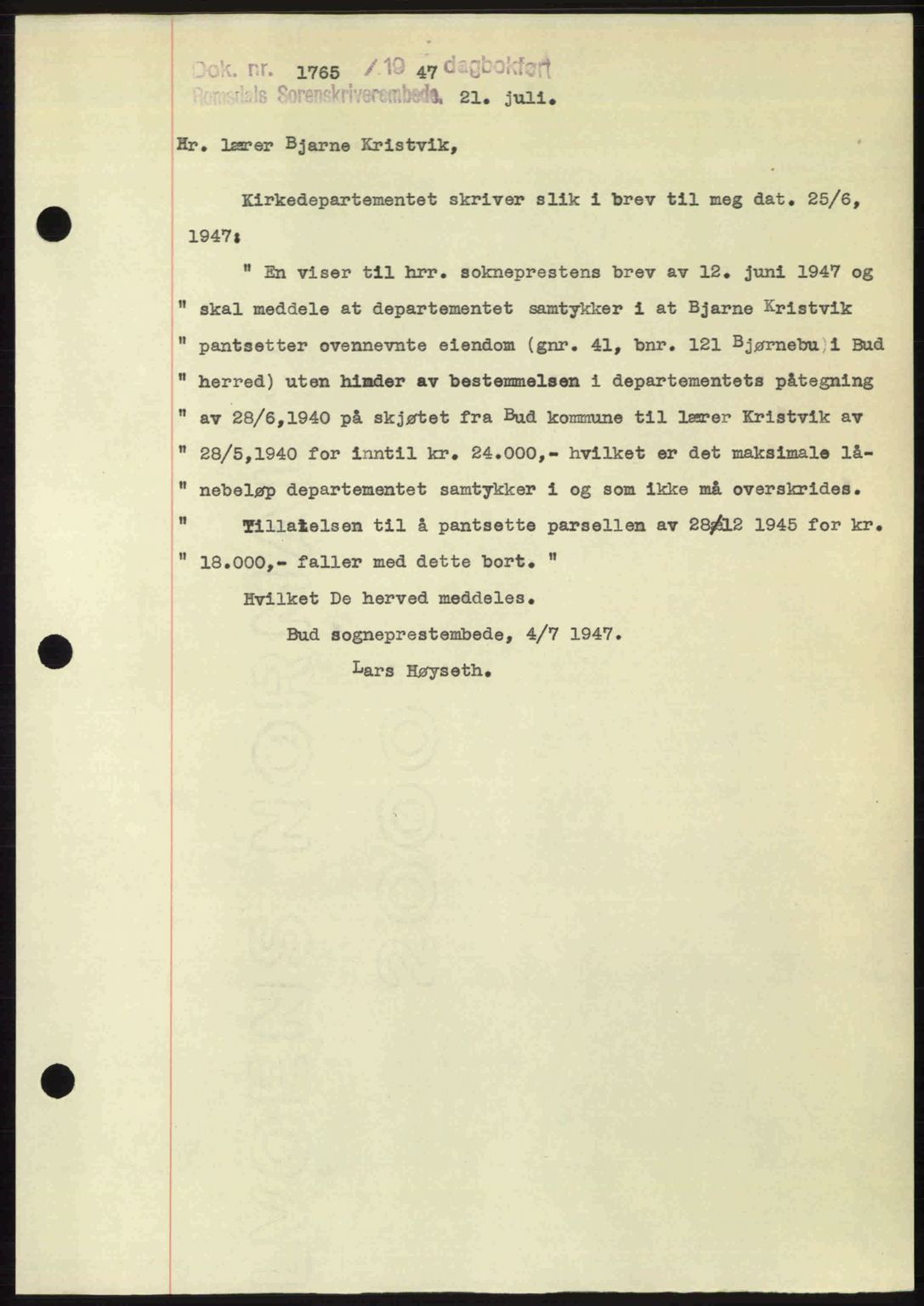 Romsdal sorenskriveri, AV/SAT-A-4149/1/2/2C: Mortgage book no. A23, 1947-1947, Diary no: : 1765/1947