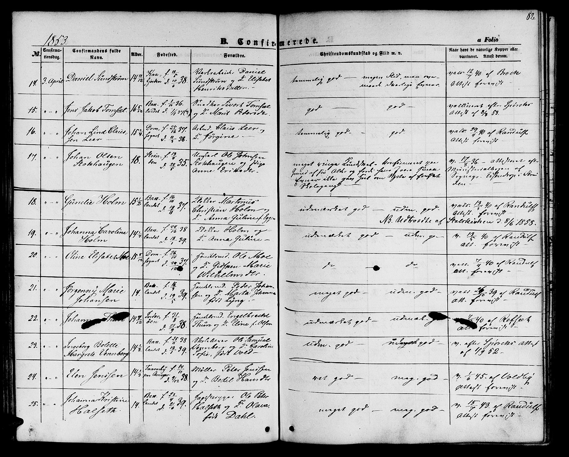 Ministerialprotokoller, klokkerbøker og fødselsregistre - Sør-Trøndelag, AV/SAT-A-1456/604/L0184: Parish register (official) no. 604A05, 1851-1860, p. 82