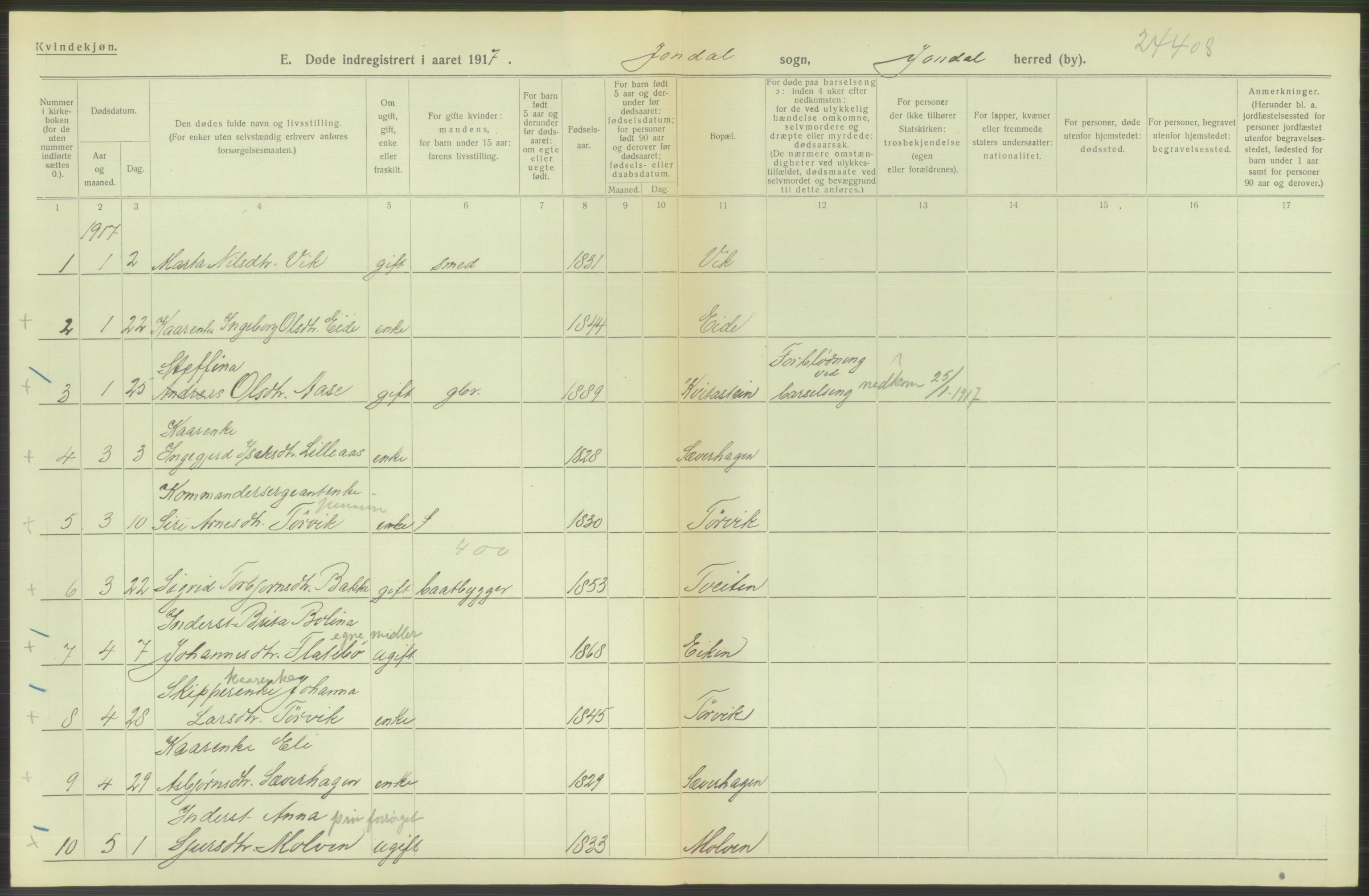 Statistisk sentralbyrå, Sosiodemografiske emner, Befolkning, RA/S-2228/D/Df/Dfb/Dfbg/L0036: S. Bergenhus amt: Døde, dødfødte. Bygder., 1917, p. 448