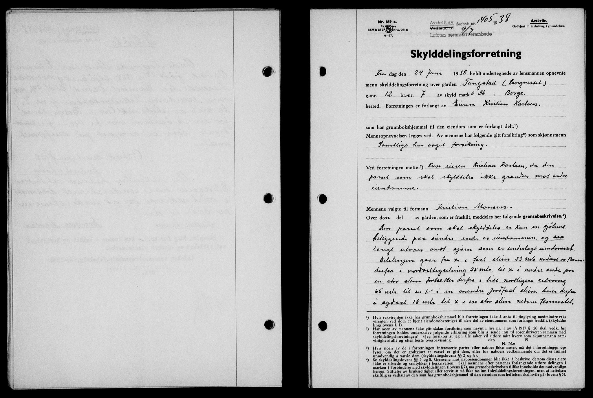 Lofoten sorenskriveri, SAT/A-0017/1/2/2C/L0004a: Mortgage book no. 4a, 1938-1938, Diary no: : 1405/1938