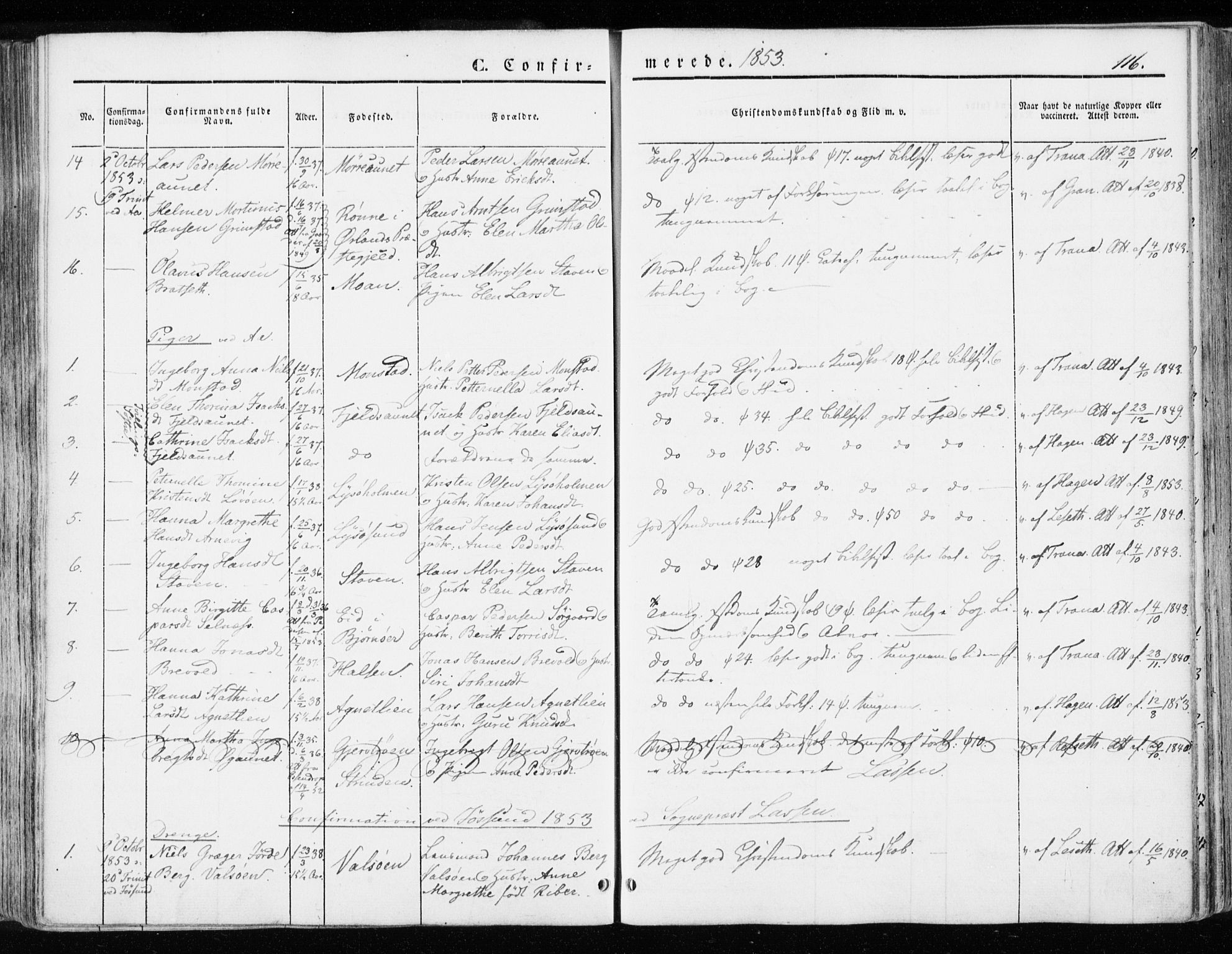 Ministerialprotokoller, klokkerbøker og fødselsregistre - Sør-Trøndelag, SAT/A-1456/655/L0677: Parish register (official) no. 655A06, 1847-1860, p. 116