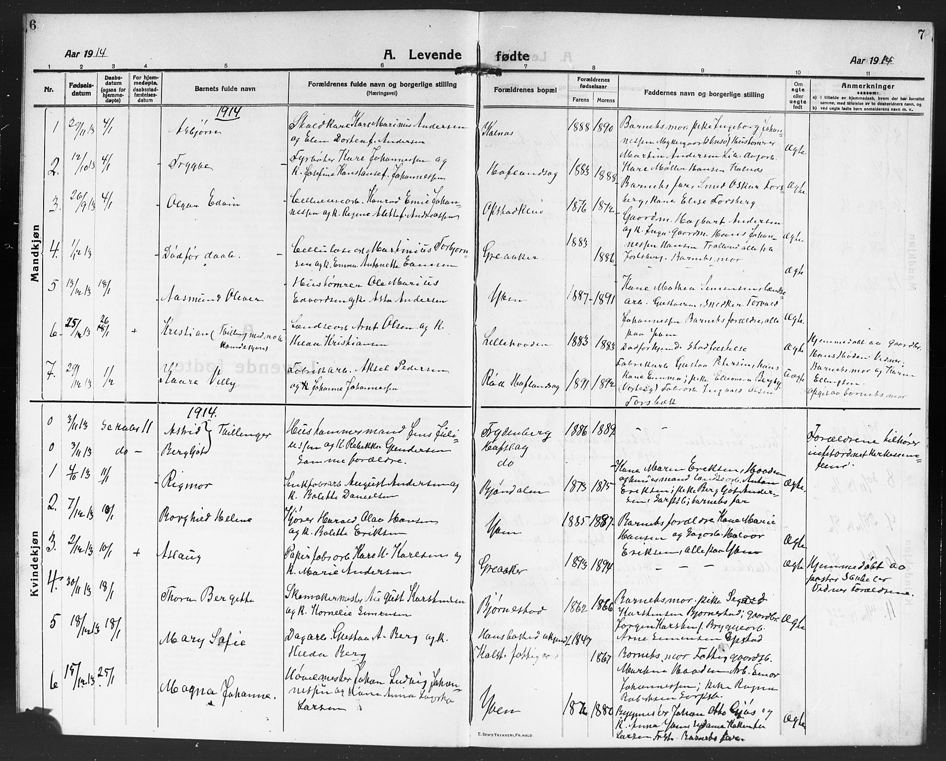 Tune prestekontor Kirkebøker, AV/SAO-A-2007/G/Ga/L0003: Parish register (copy) no. I 3, 1914-1919, p. 6-7
