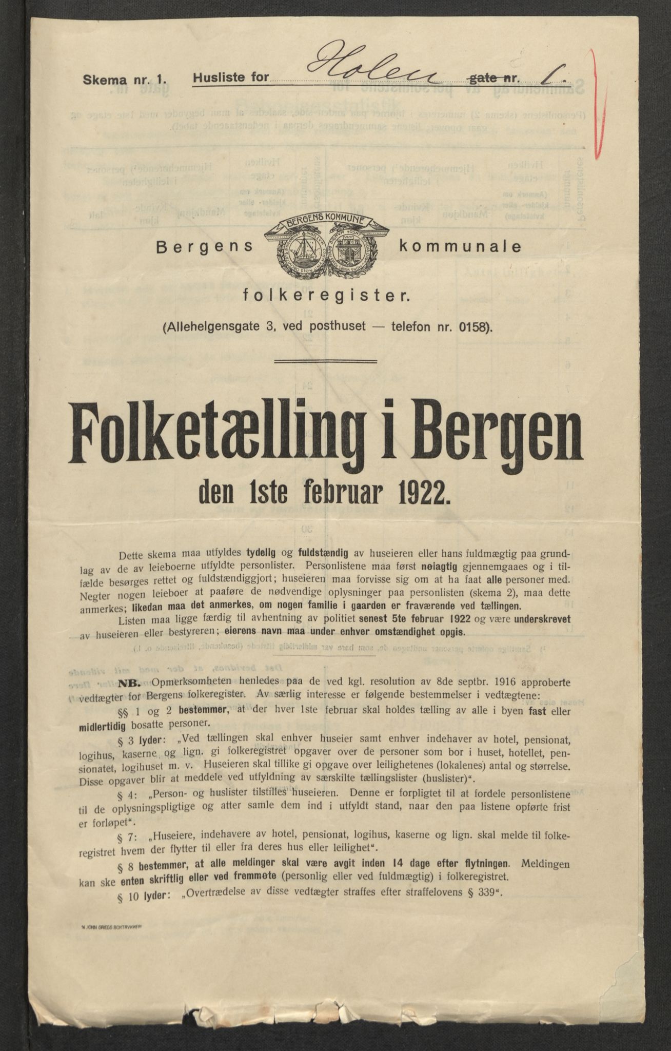 SAB, Municipal Census 1922 for Bergen, 1922, p. 15419