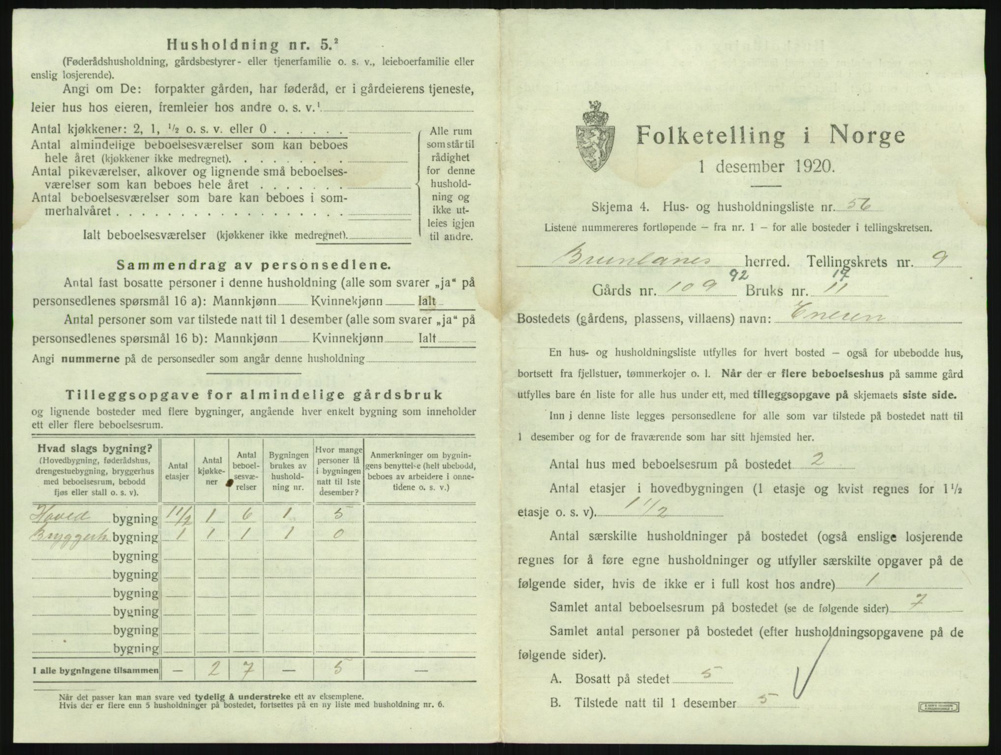 SAKO, 1920 census for Brunlanes, 1920, p. 1191