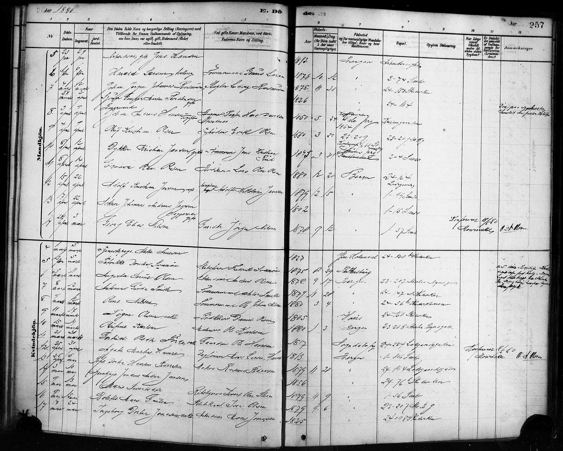 Sandviken Sokneprestembete, AV/SAB-A-77601/H/Ha/L0002: Parish register (official) no. A 2, 1878-1896, p. 257