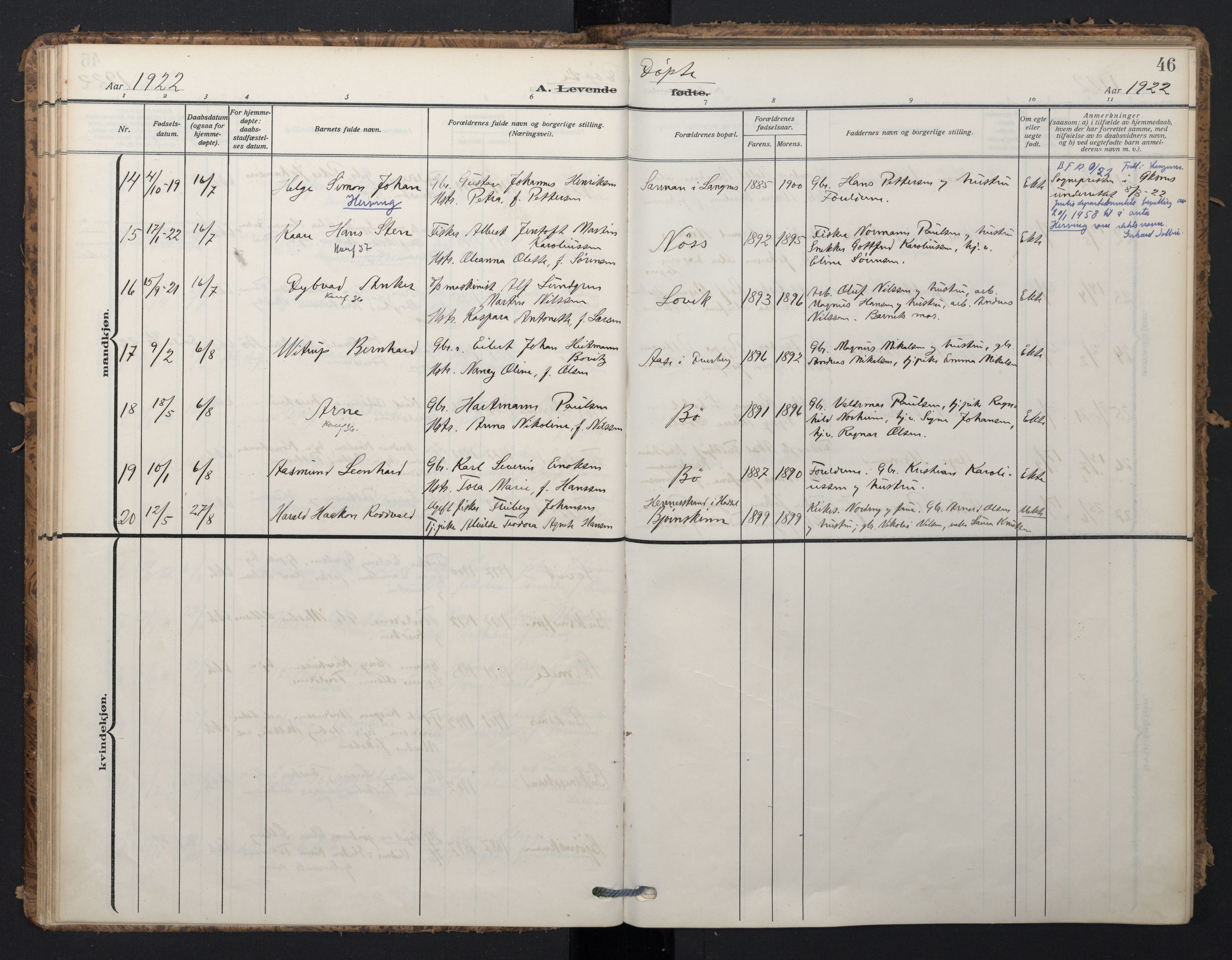 Ministerialprotokoller, klokkerbøker og fødselsregistre - Nordland, AV/SAT-A-1459/898/L1423: Parish register (official) no. 898A03, 1909-1928, p. 46