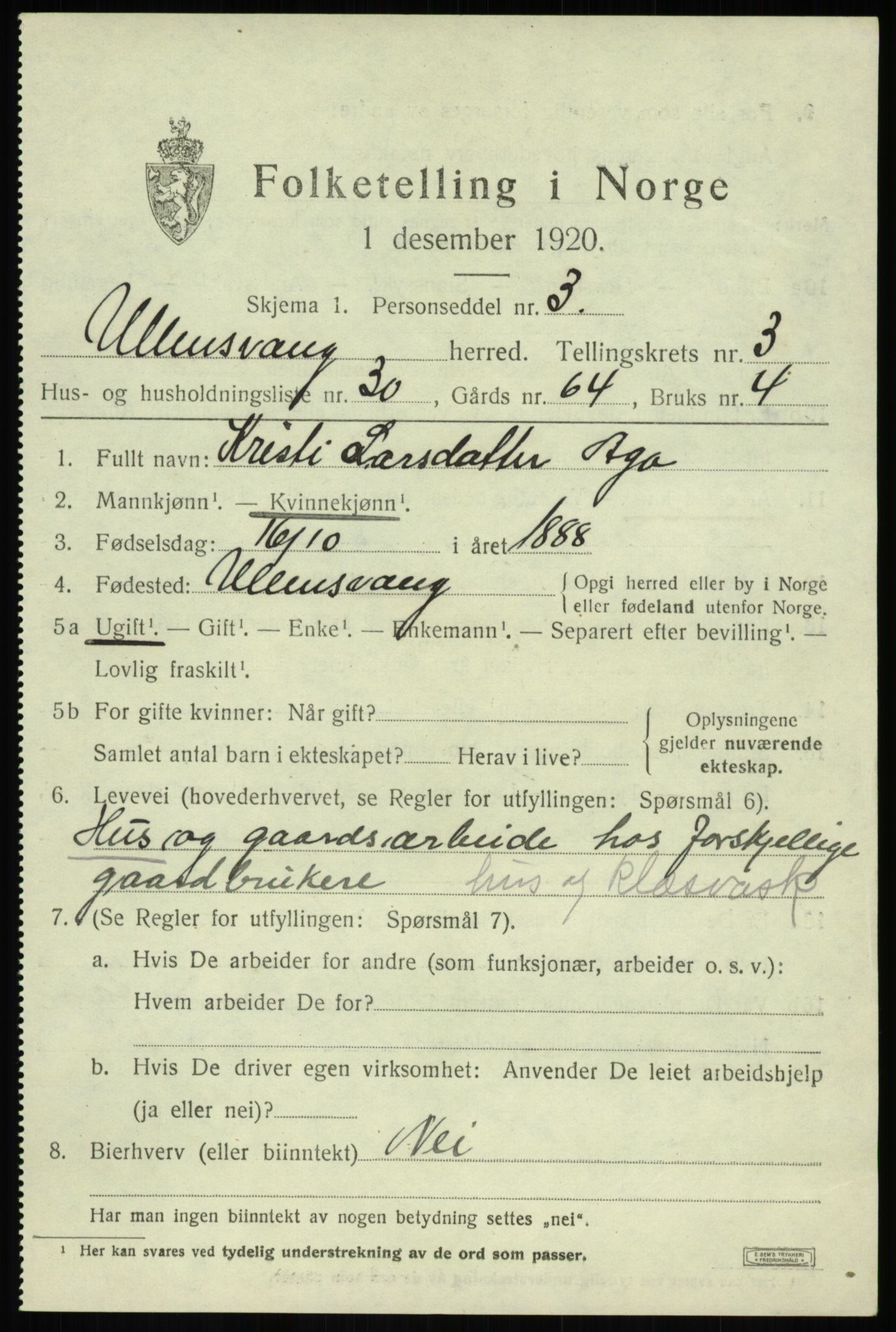 SAB, 1920 census for Ullensvang, 1920, p. 1992