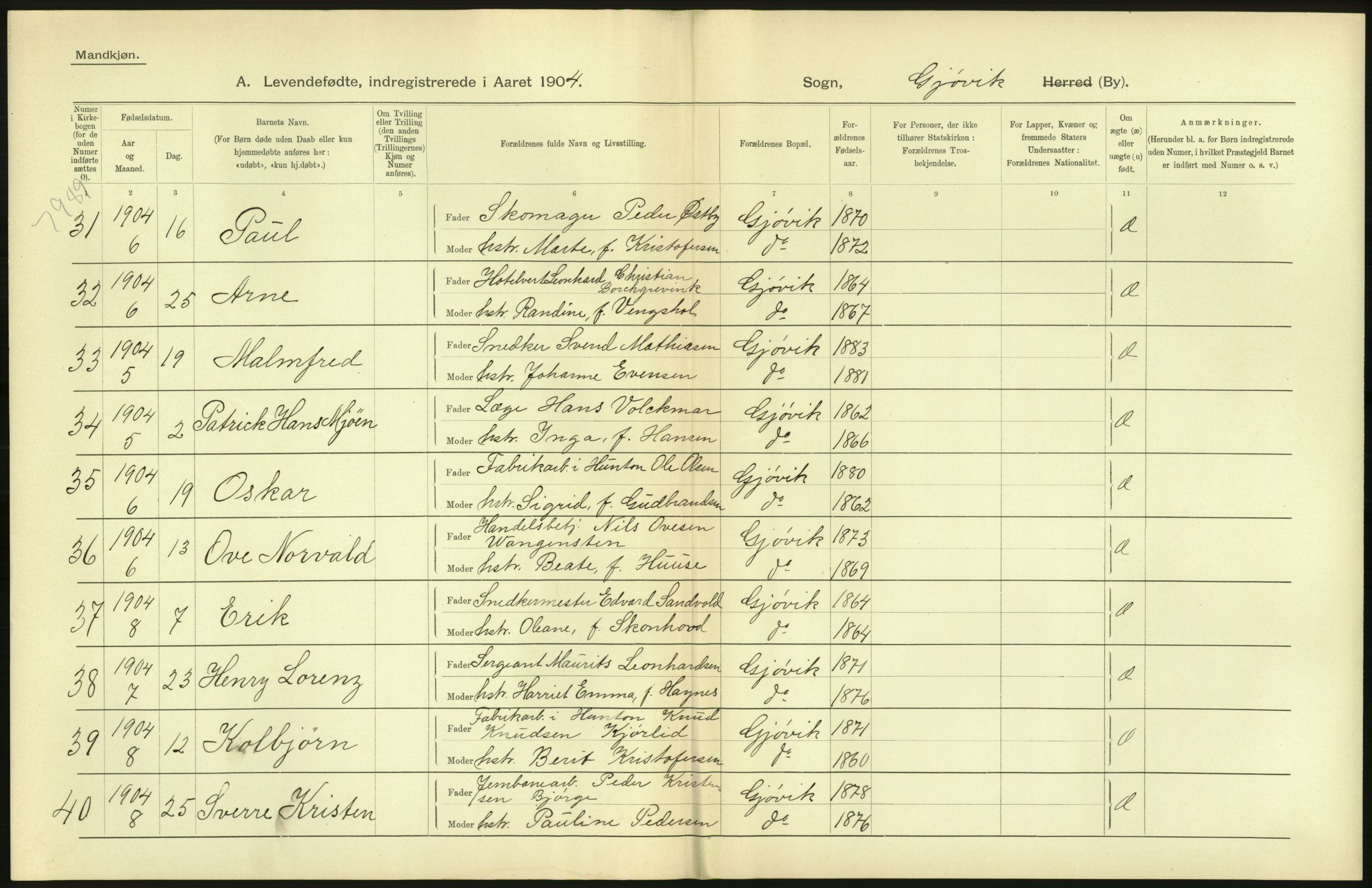 Statistisk sentralbyrå, Sosiodemografiske emner, Befolkning, AV/RA-S-2228/D/Df/Dfa/Dfab/L0006: Kristians amt: Fødte, gifte, døde, 1904, p. 856