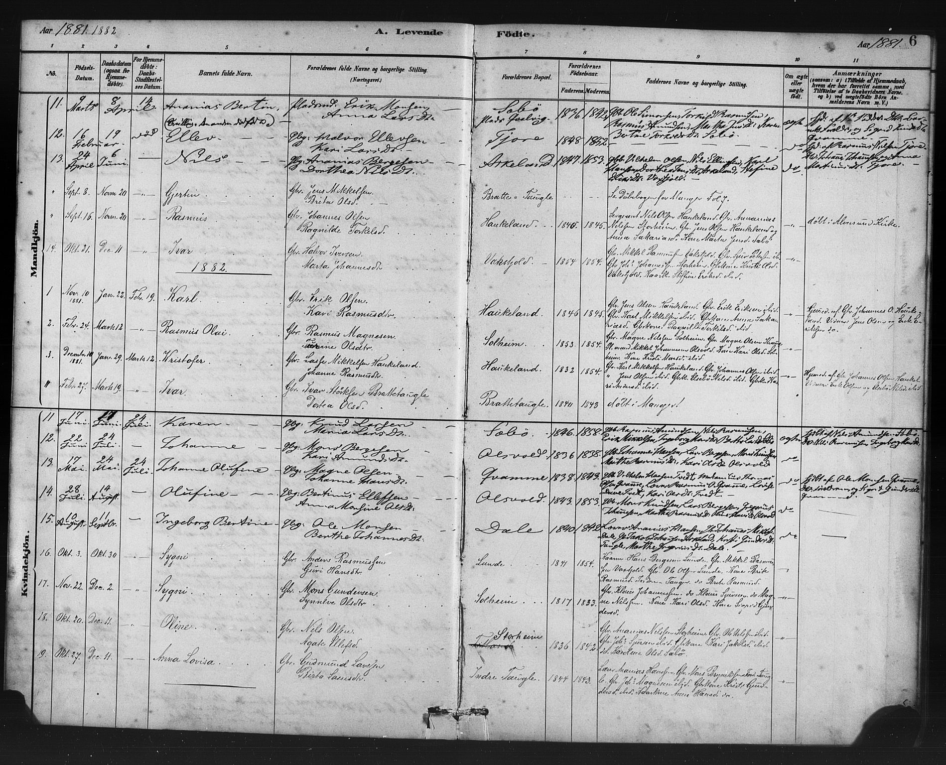 Manger sokneprestembete, AV/SAB-A-76801/H/Haa: Parish register (official) no. D 1, 1881-1892, p. 6