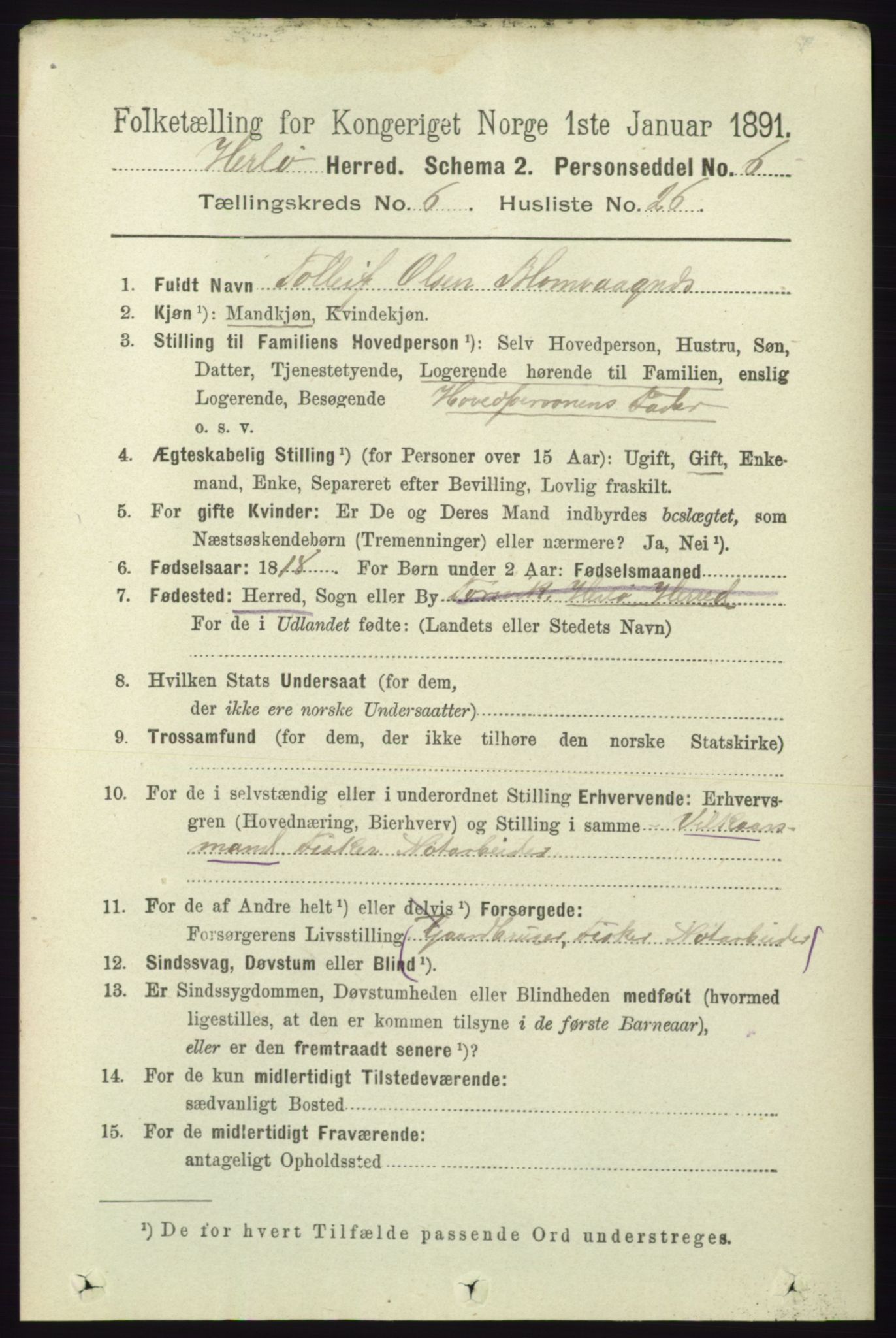 RA, 1891 census for 1258 Herdla, 1891, p. 2807