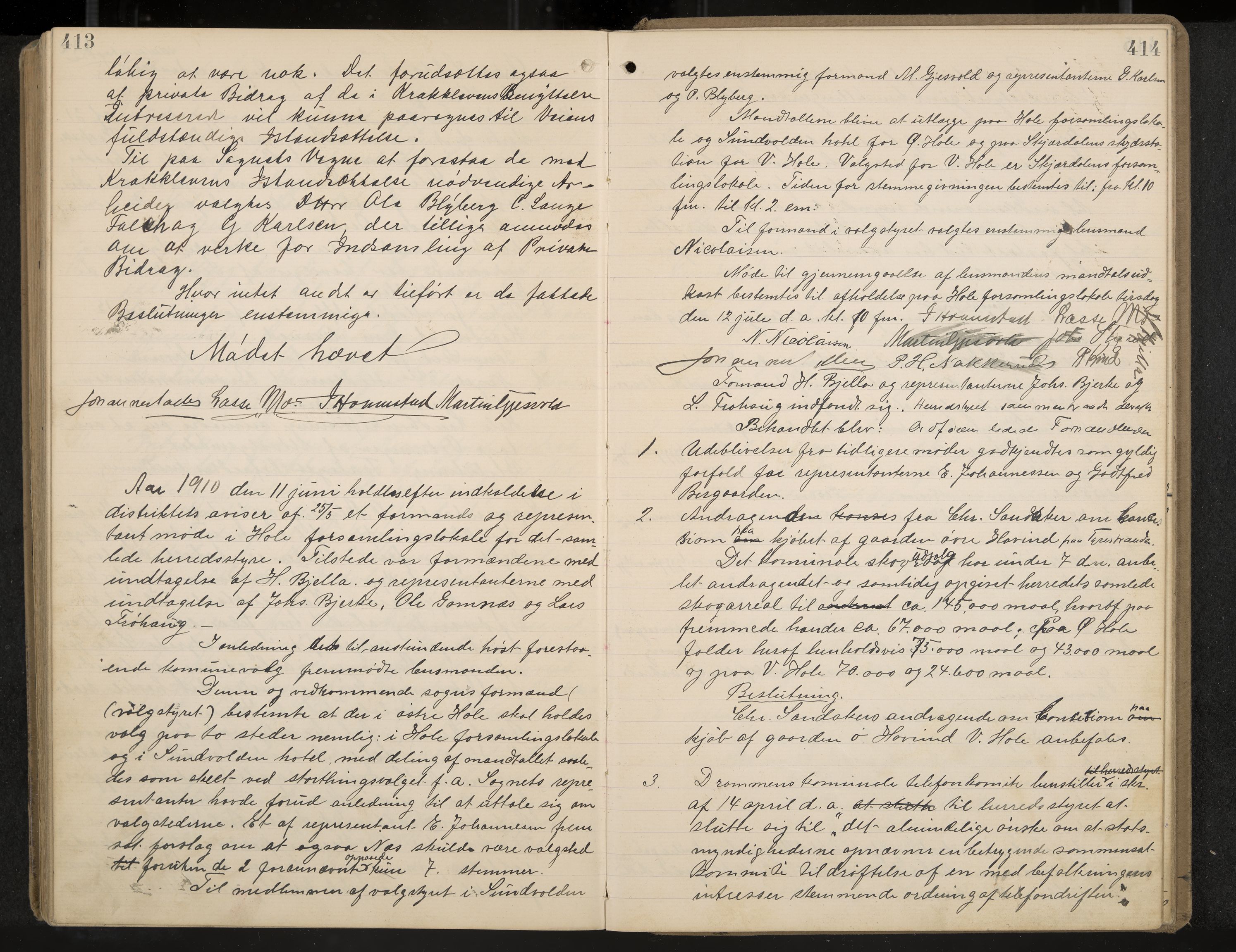 Hole formannskap og sentraladministrasjon, IKAK/0612021-1/A/Aa/L0004: Møtebok med register, 1902-1910, p. 413-414