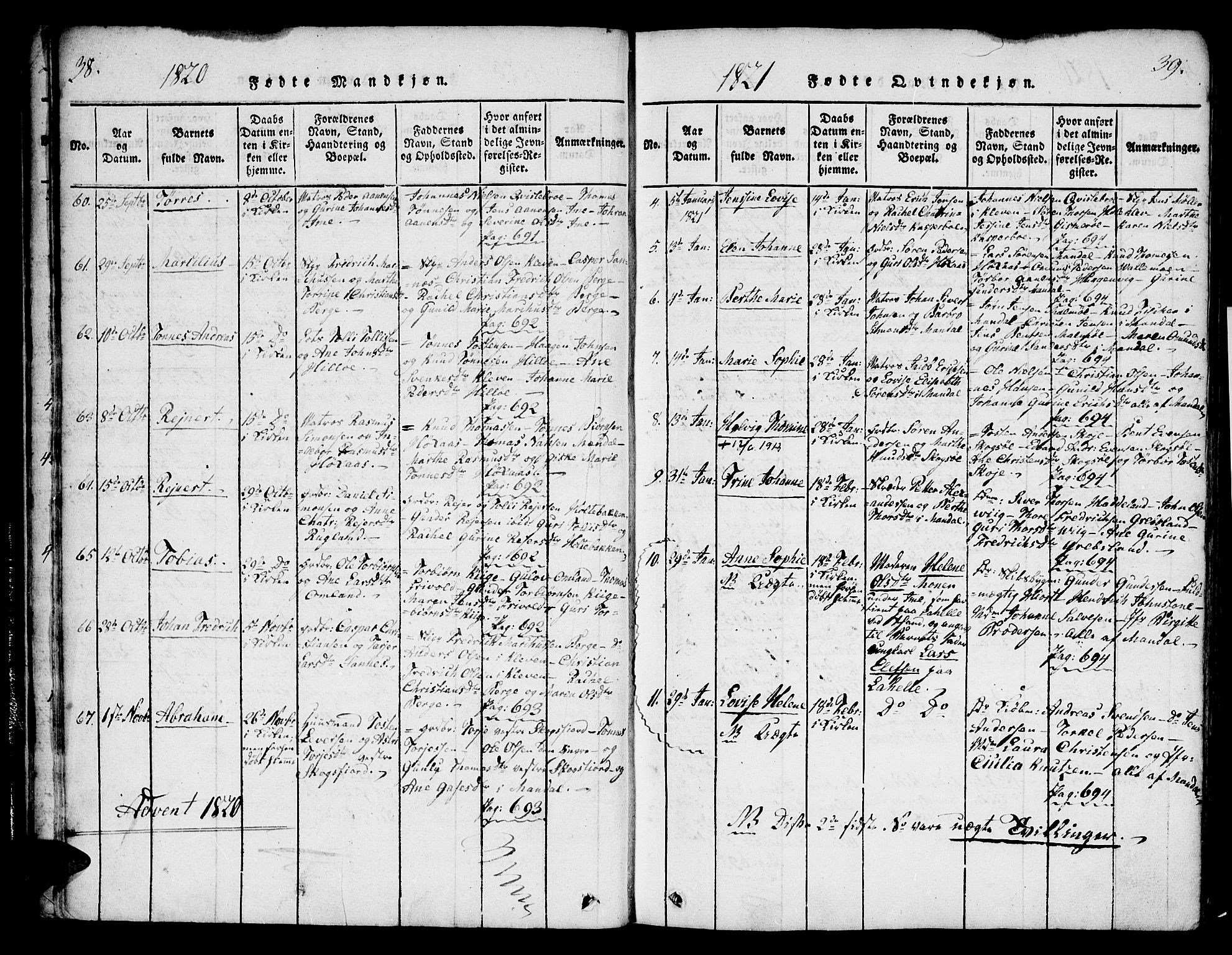 Mandal sokneprestkontor, SAK/1111-0030/F/Fa/Faa/L0010: Parish register (official) no. A 10, 1817-1830, p. 38-39