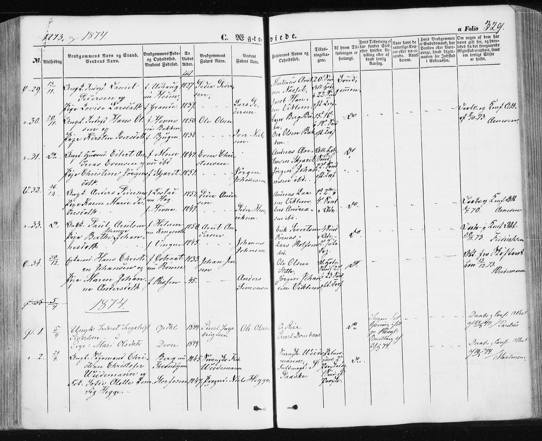Ministerialprotokoller, klokkerbøker og fødselsregistre - Sør-Trøndelag, SAT/A-1456/659/L0737: Parish register (official) no. 659A07, 1857-1875, p. 329