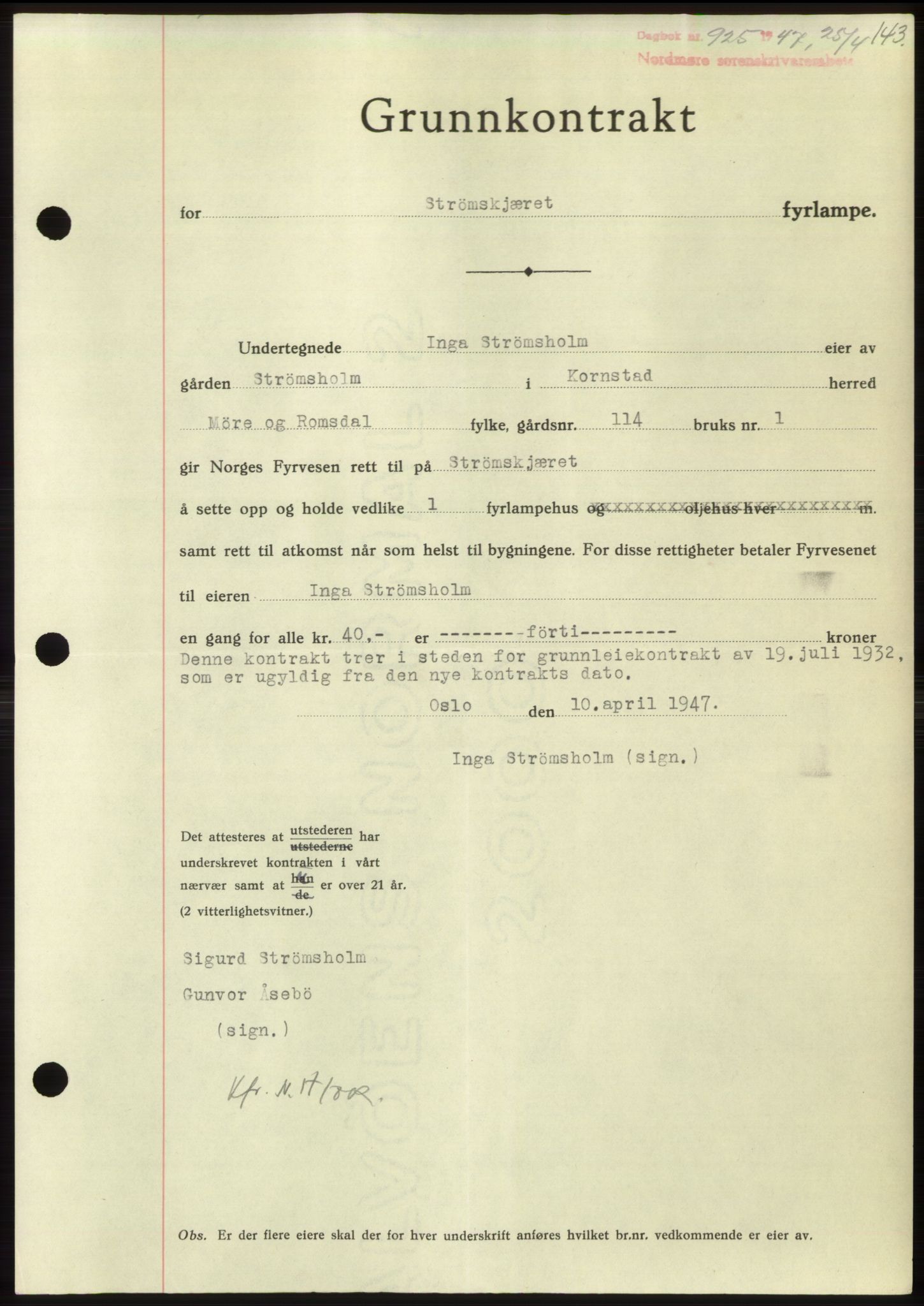 Nordmøre sorenskriveri, AV/SAT-A-4132/1/2/2Ca: Mortgage book no. B96, 1947-1947, Diary no: : 925/1947