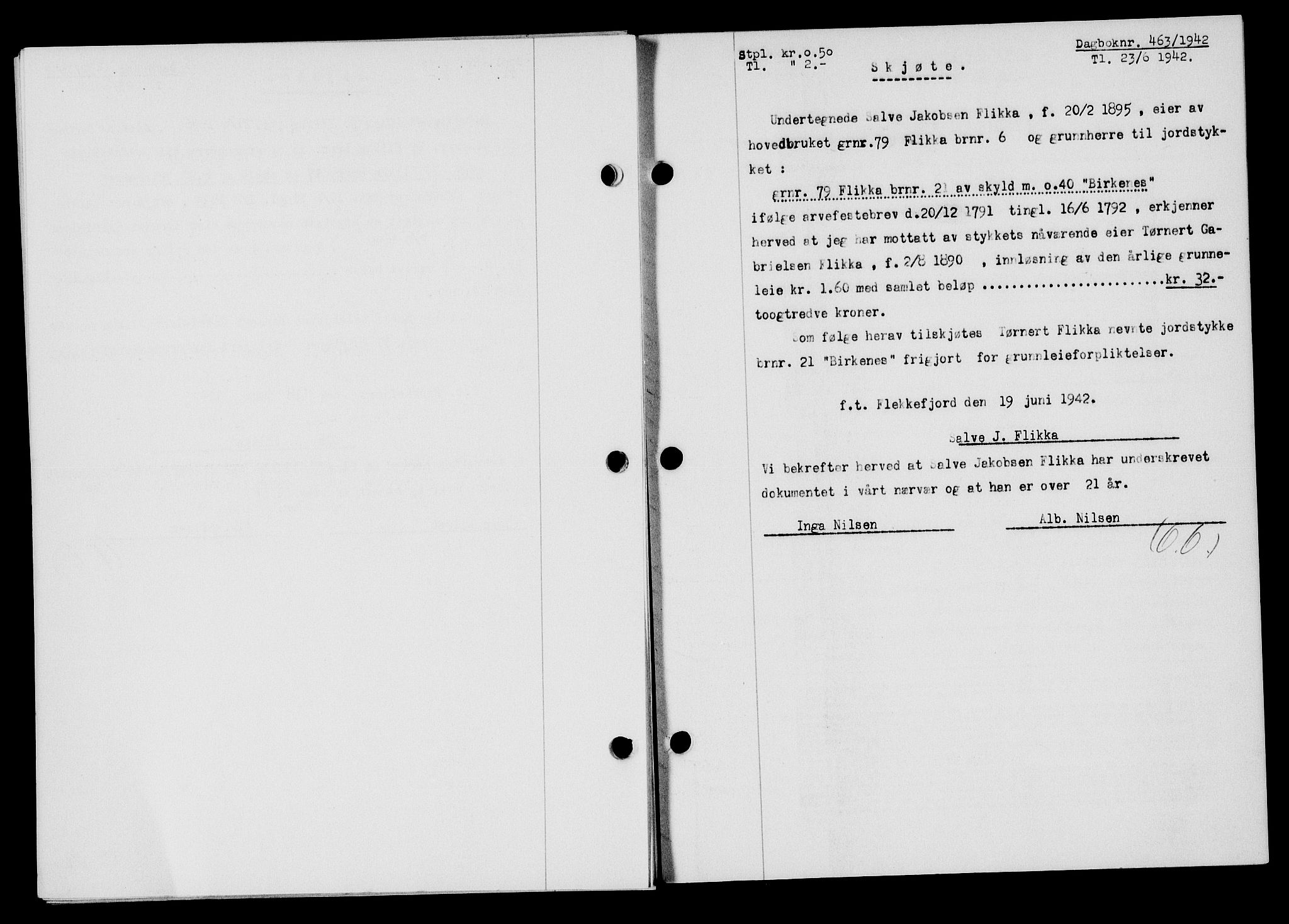 Flekkefjord sorenskriveri, SAK/1221-0001/G/Gb/Gba/L0057: Mortgage book no. A-5, 1941-1942, Diary no: : 463/1942