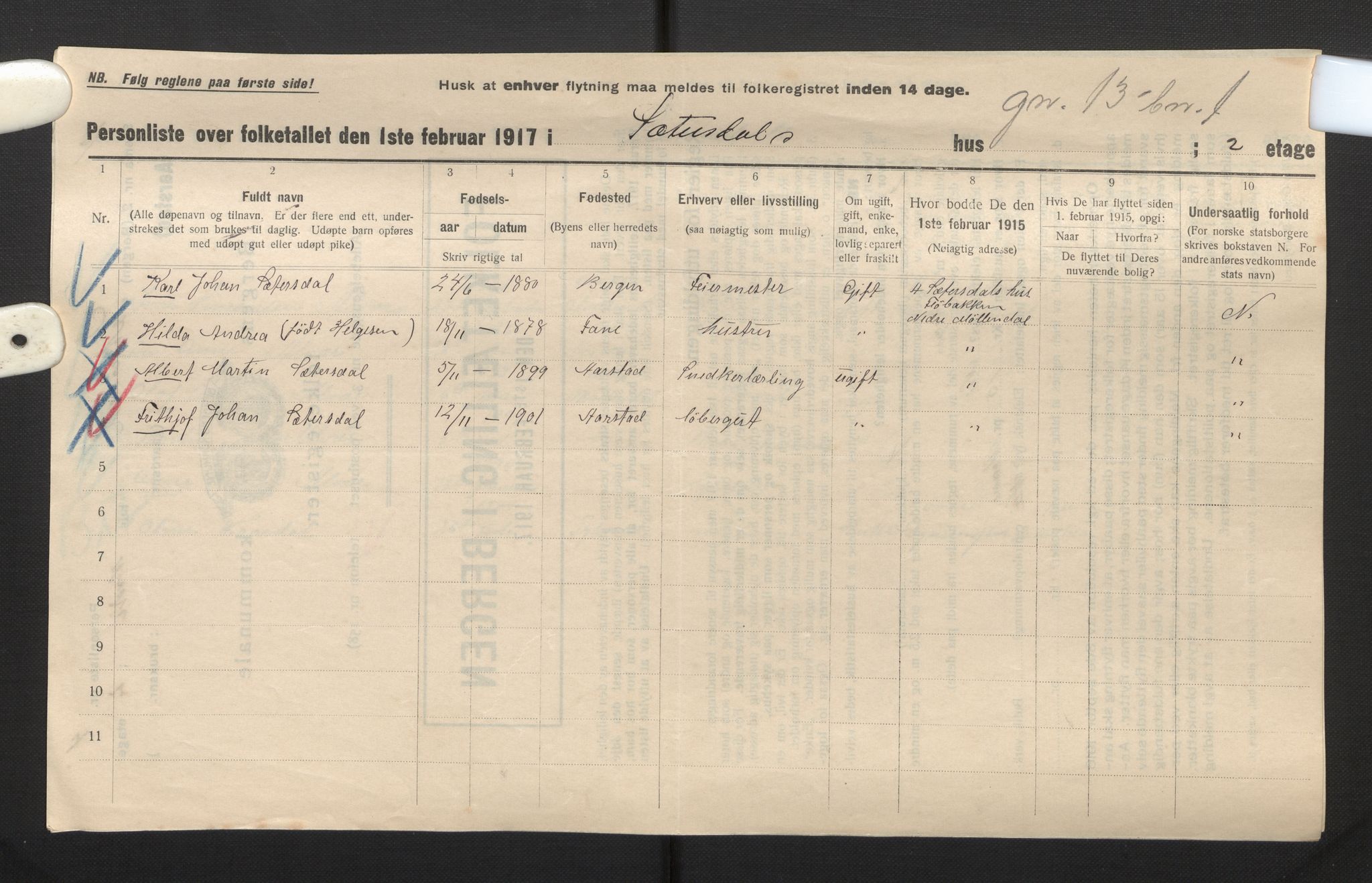 SAB, Municipal Census 1917 for Bergen, 1917, p. 52274