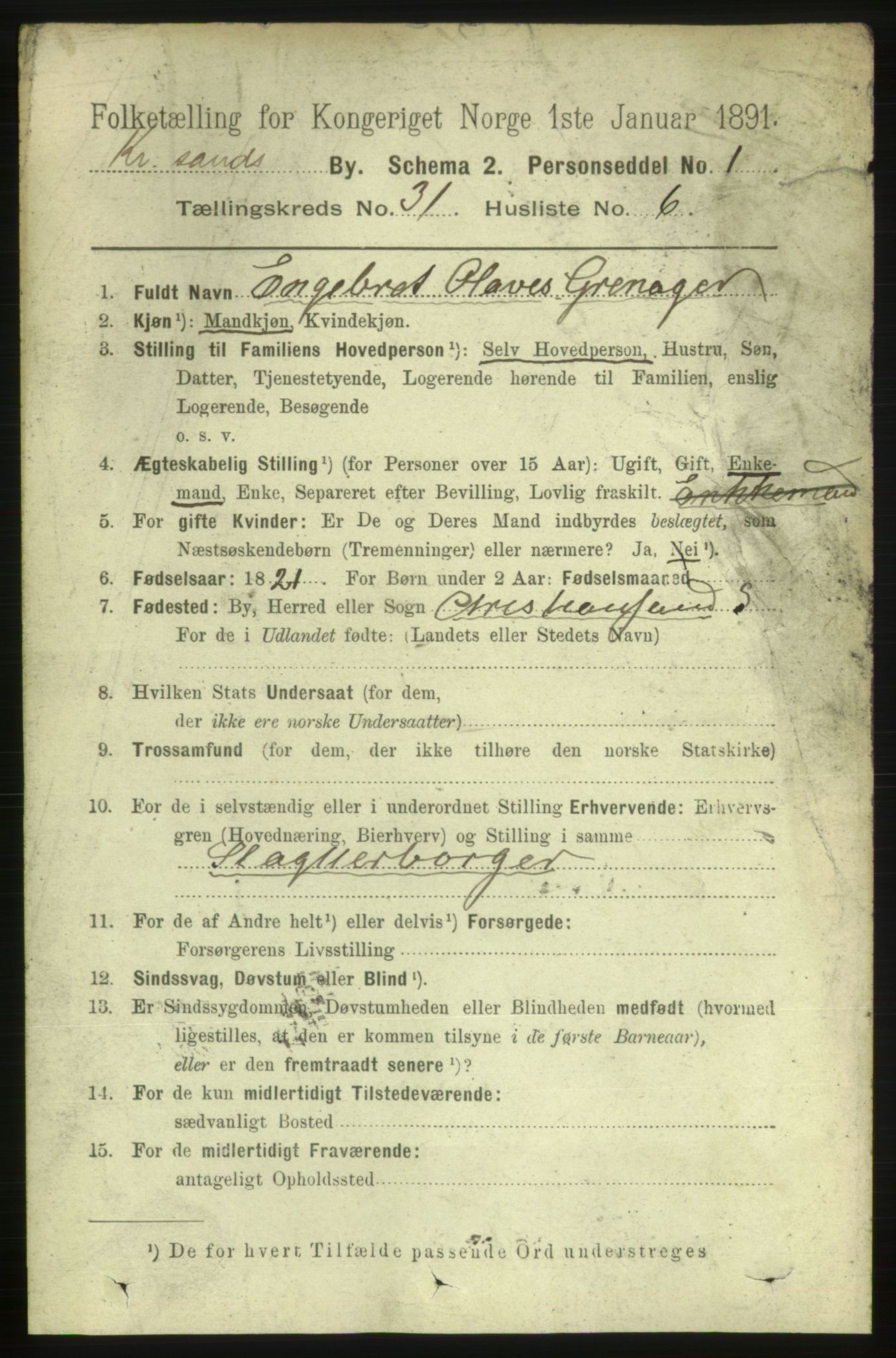 RA, 1891 census for 1001 Kristiansand, 1891, p. 9773